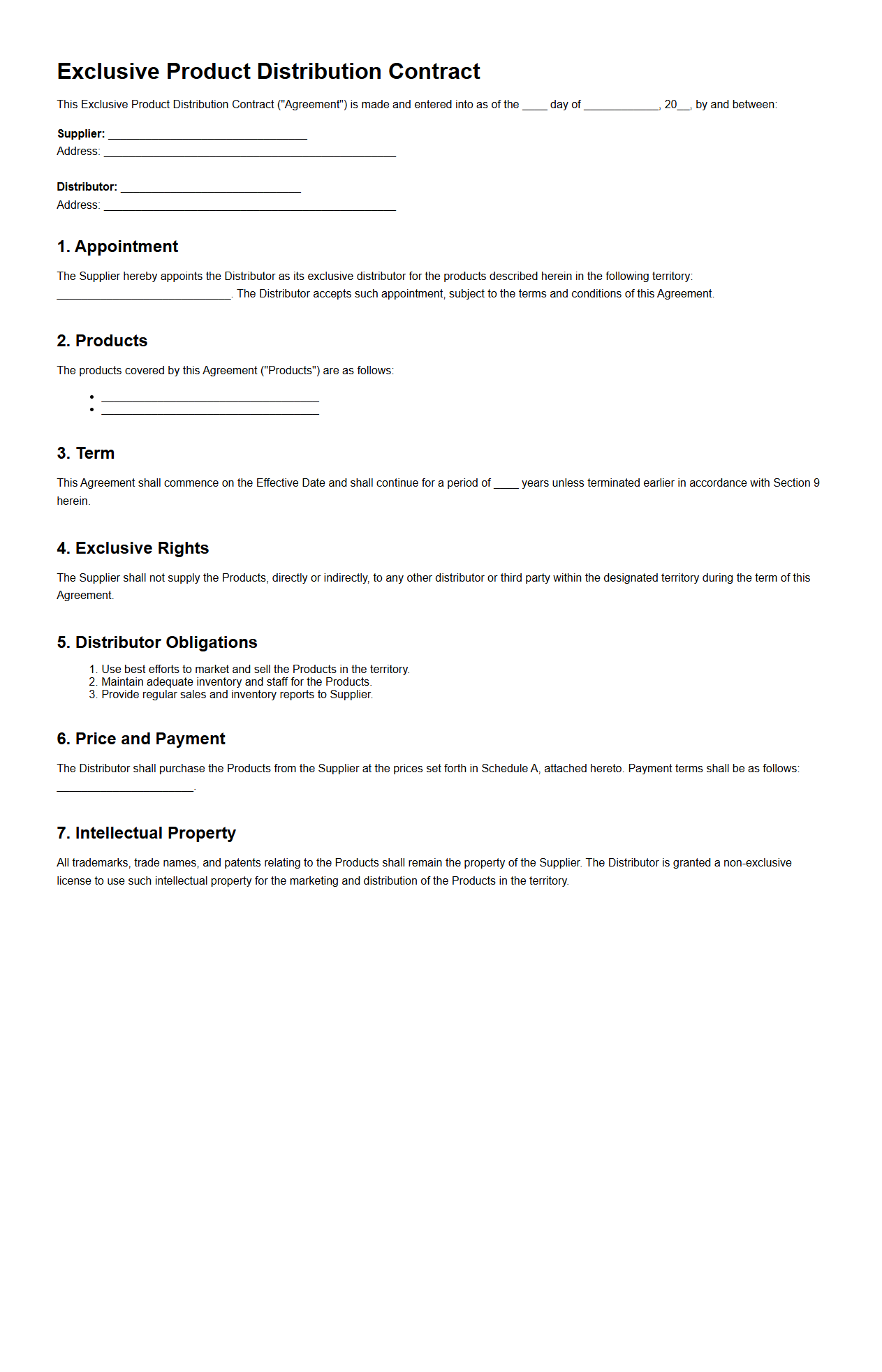 Exclusive Product Distribution Contract Sample