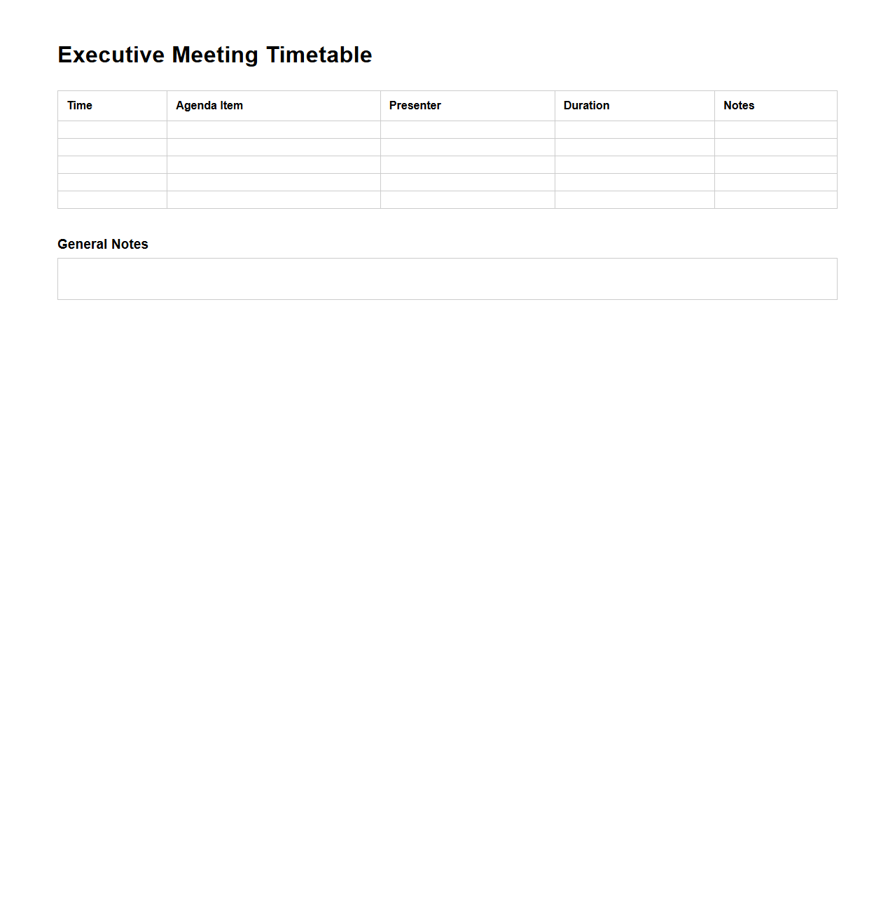 Executive Meeting Timetable Template