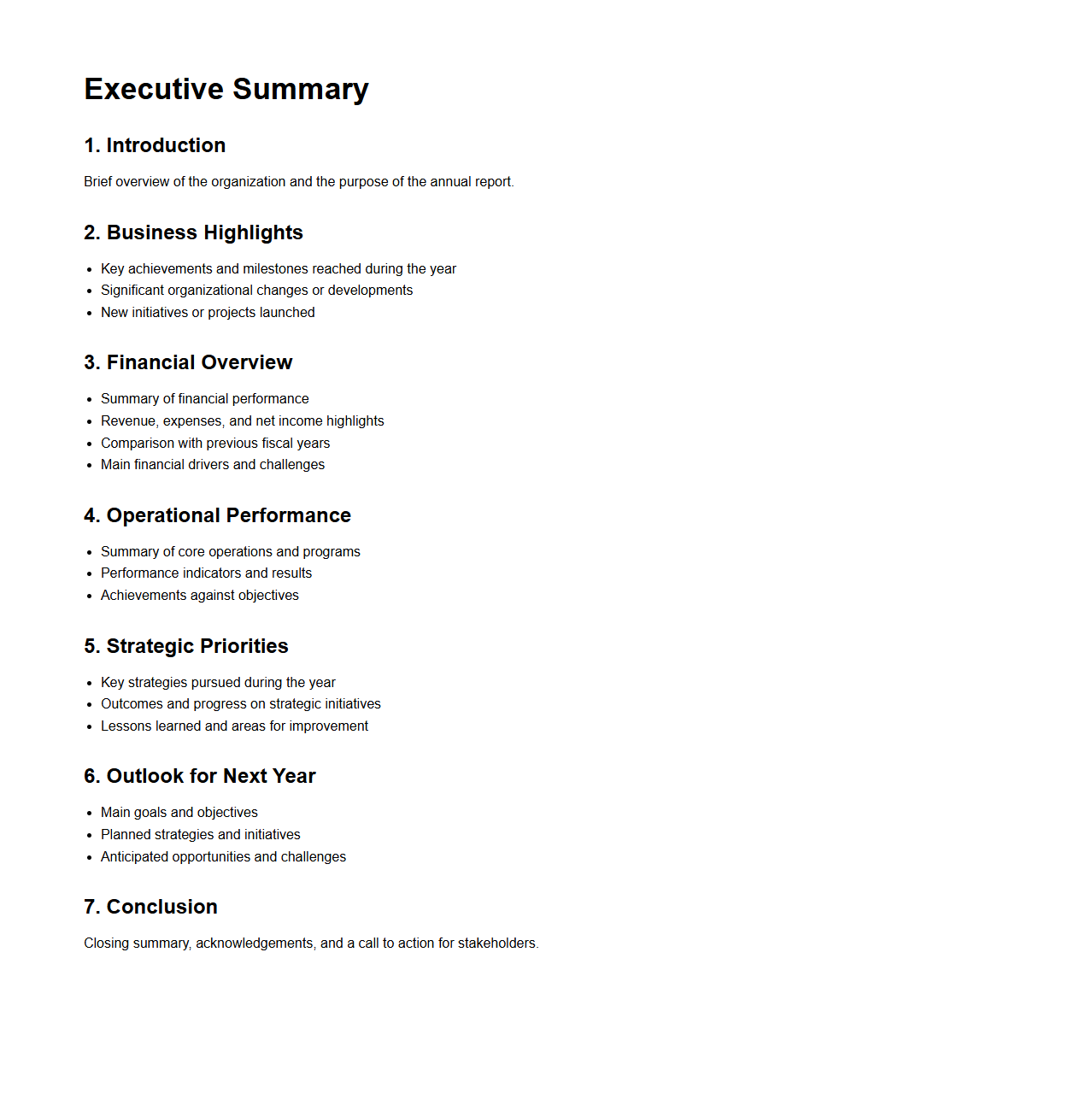 Executive Summary Annual Report Framework