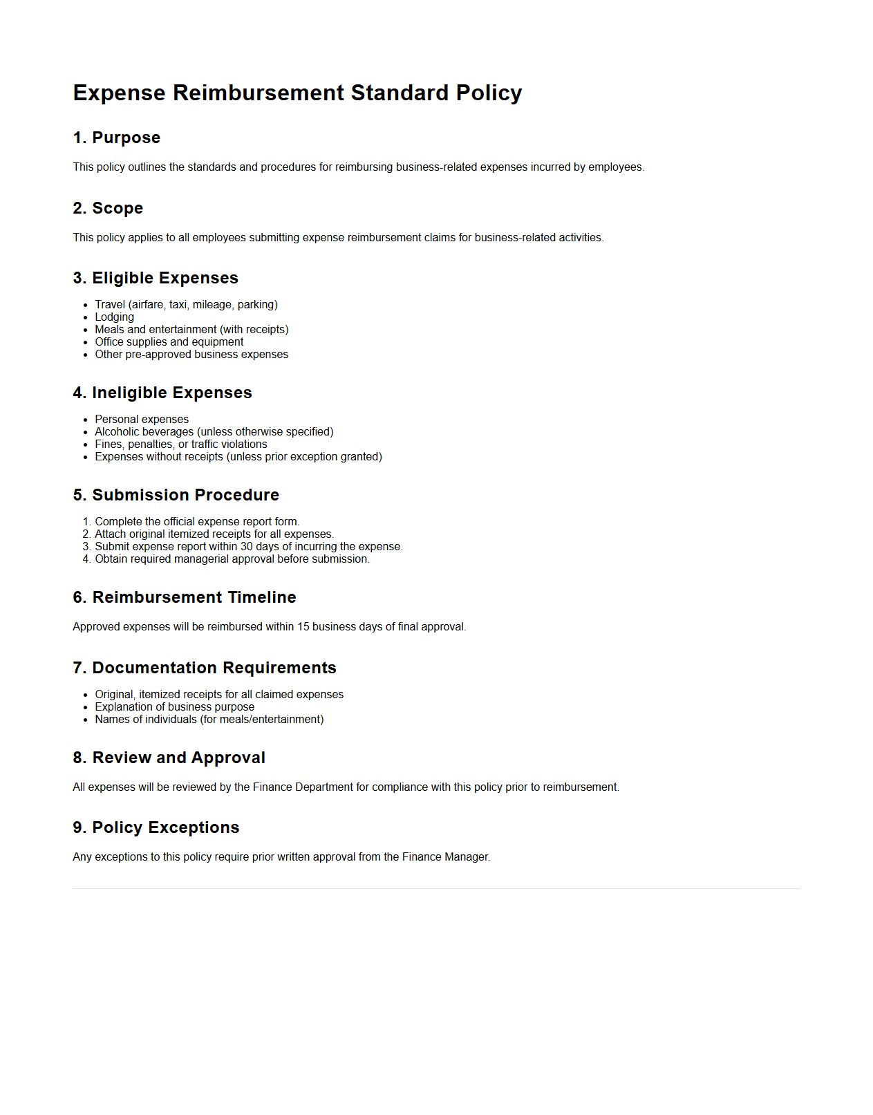 Expense Reimbursement Standard Policy Template