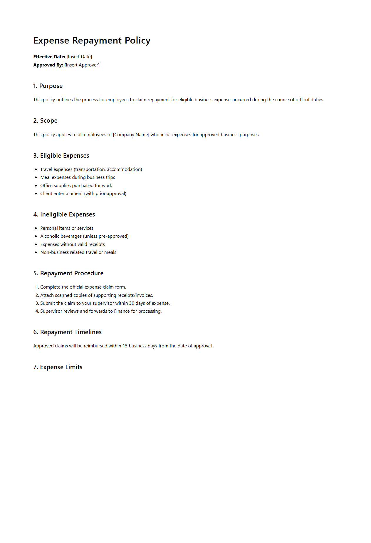 Expense Repayment Policy Document Example