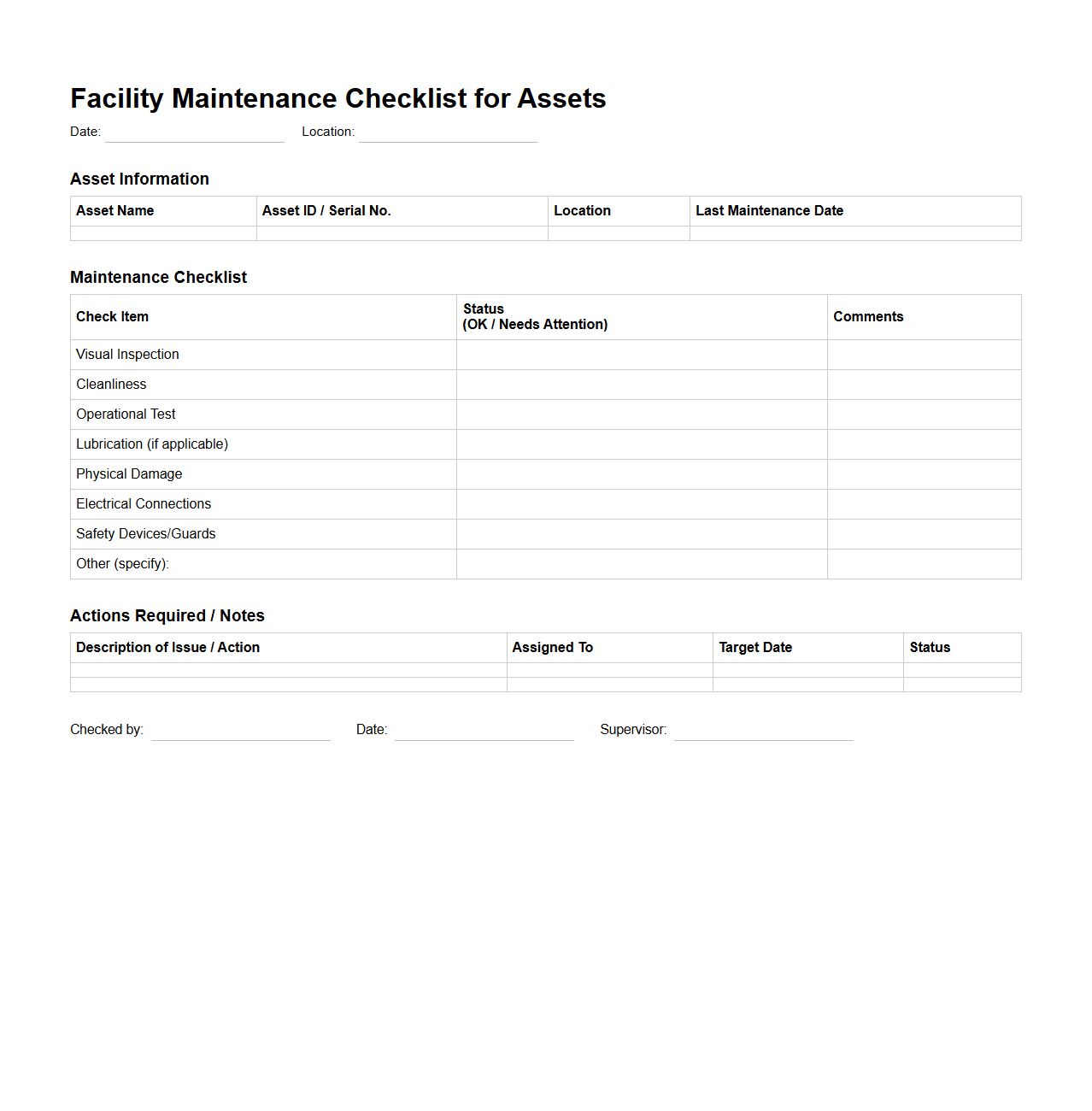 Facility Maintenance Checklist for Assets