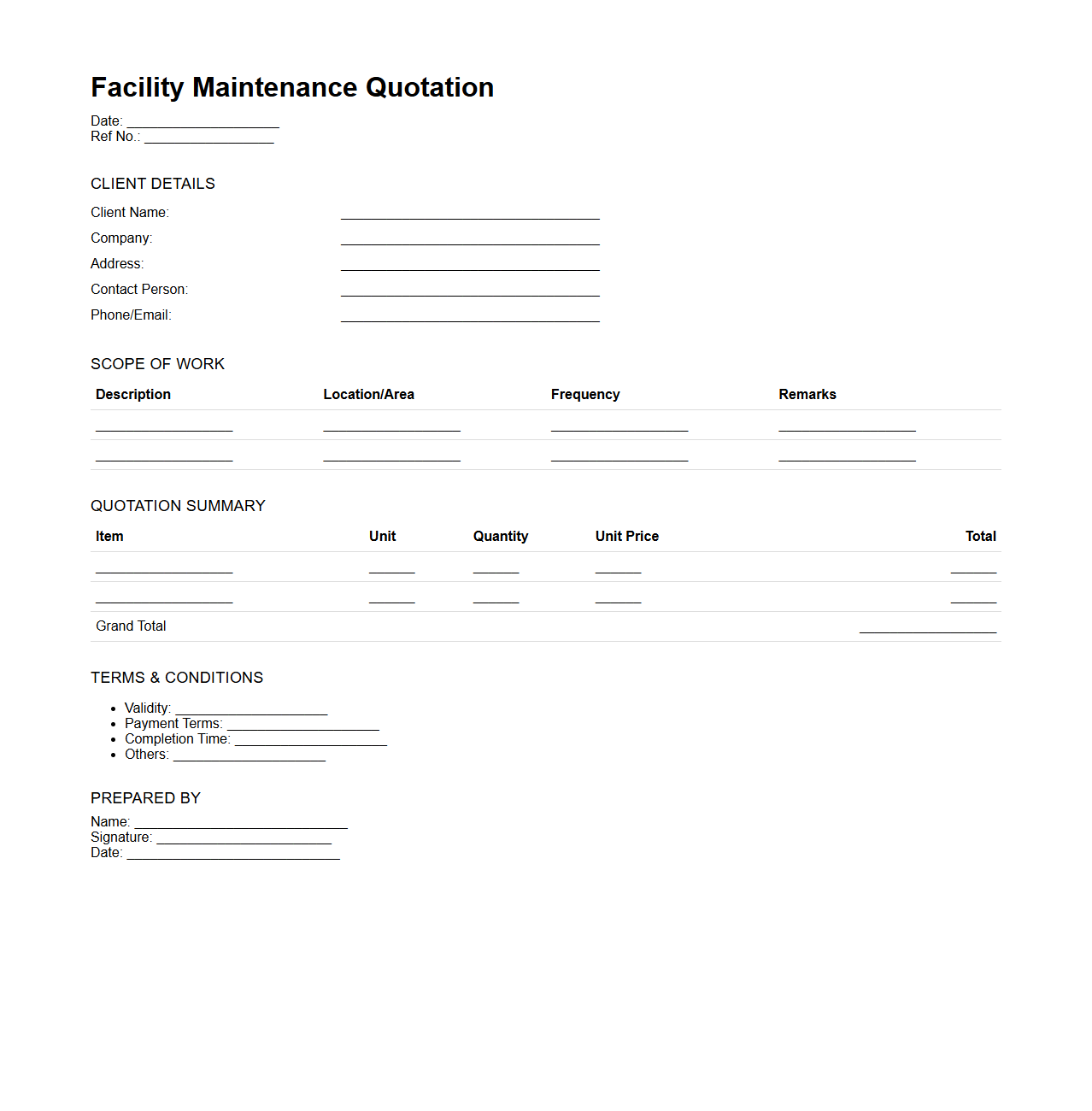 Facility Maintenance Quotation Outline
