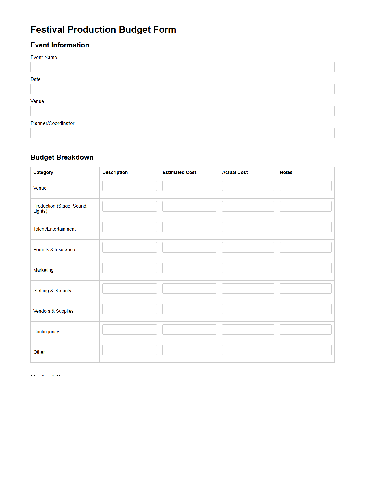 Festival Production Budget Form for Planners