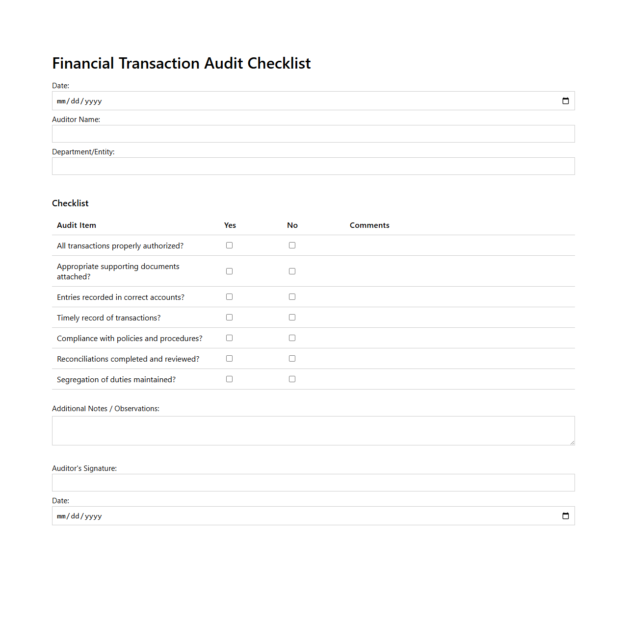 Financial Transaction Audit Checklist Template