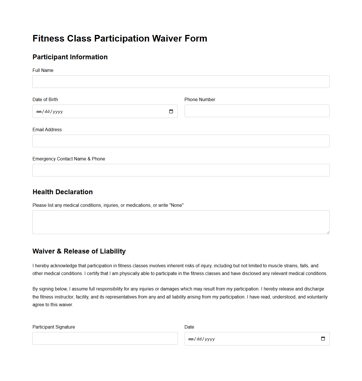 Fitness Class Participation Waiver Form