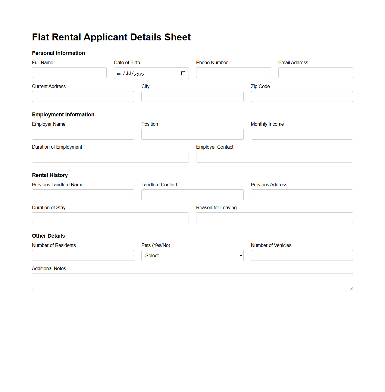 Flat Rental Applicant Details Sheet
