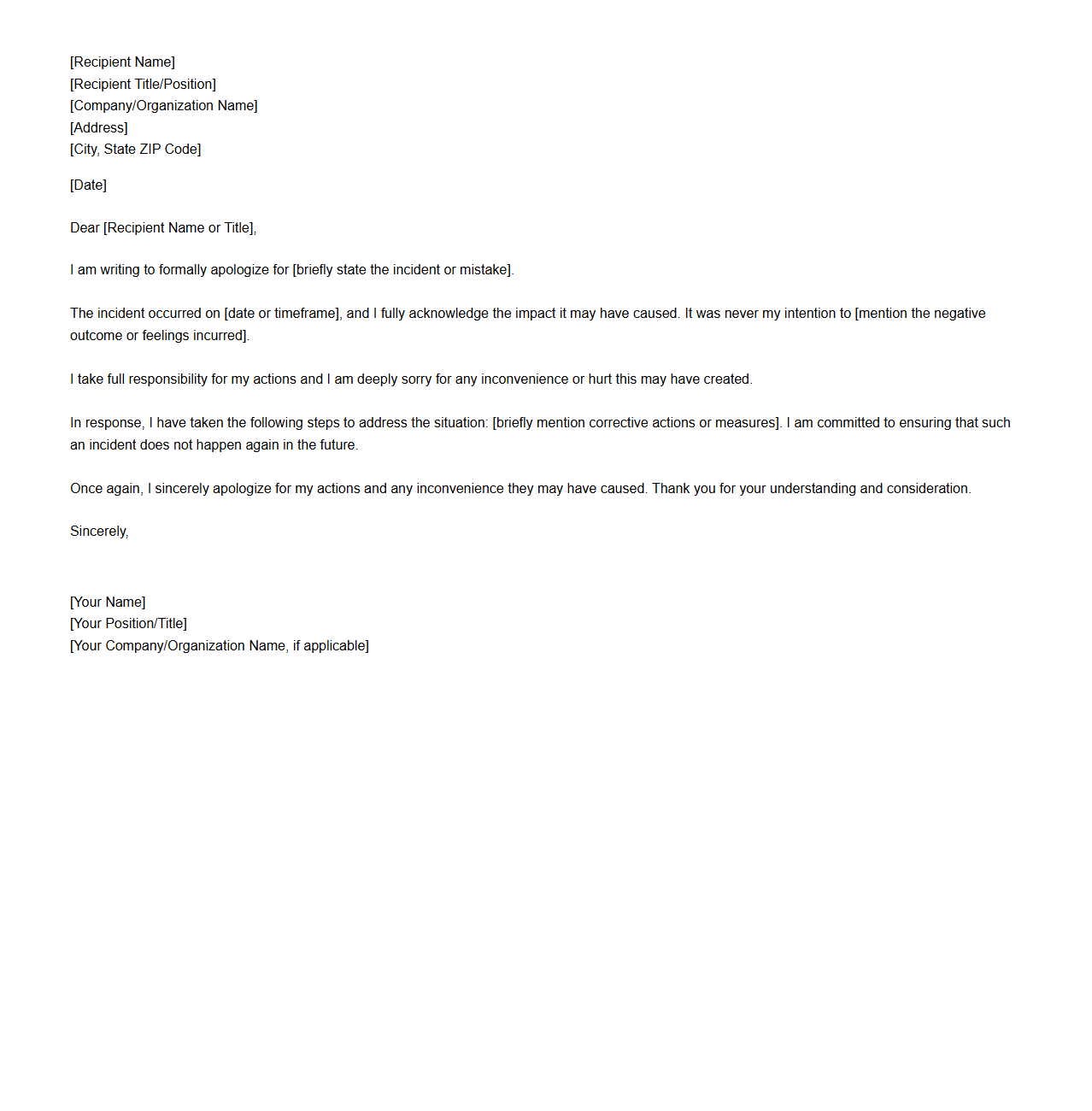 Formal Apology Letter Skeleton