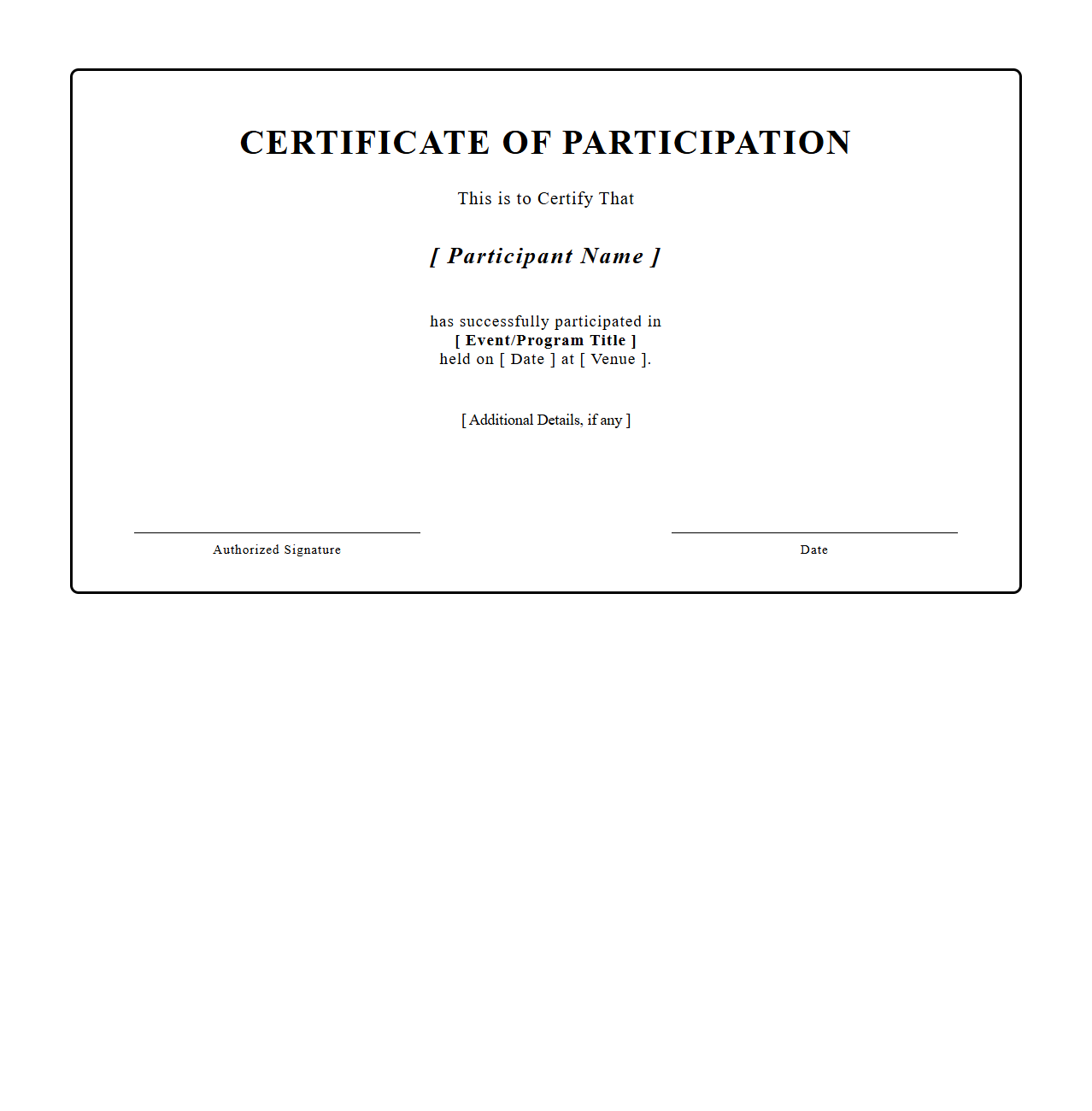 Formal Blank Certificate of Participation Outline