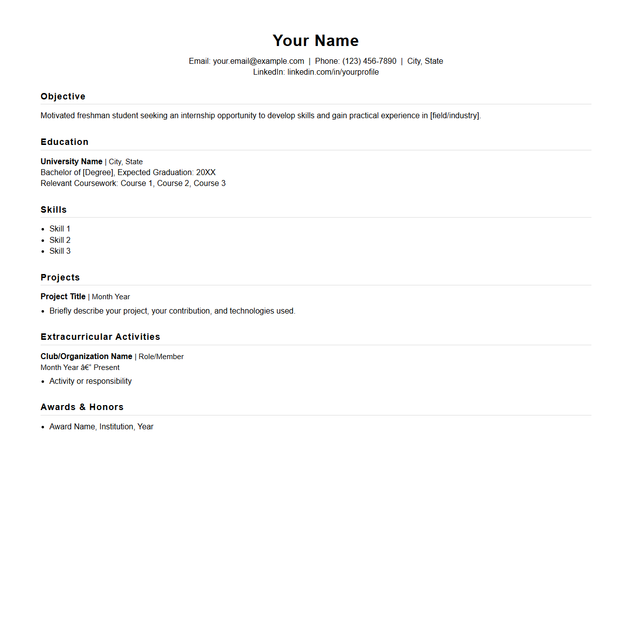Freshman Internship Resume Structure for Students