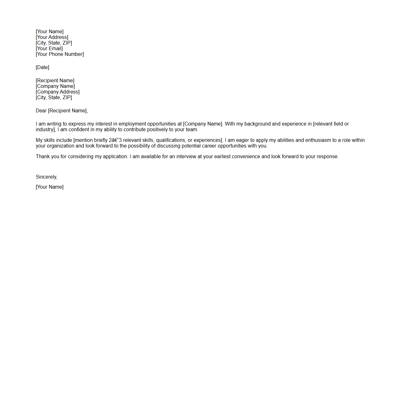 General Blank Cover Letter Example for Work