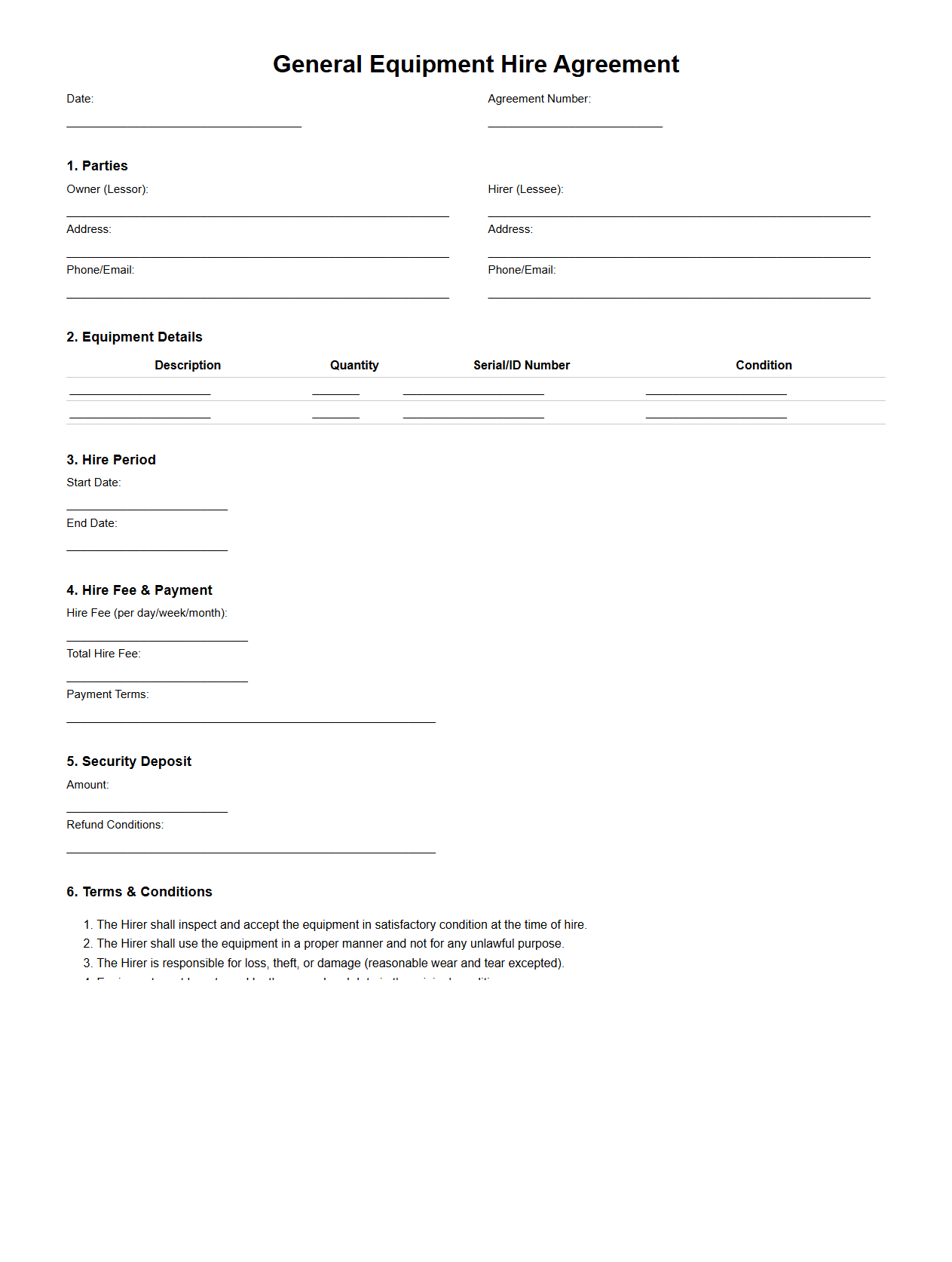 General Equipment Hire Agreement