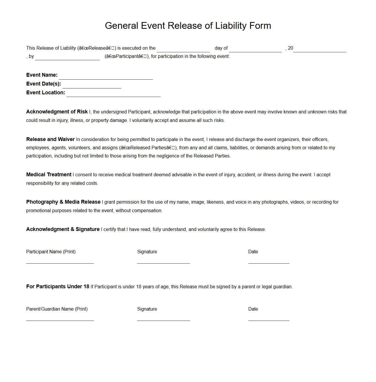 General Event Release of Liability Form
