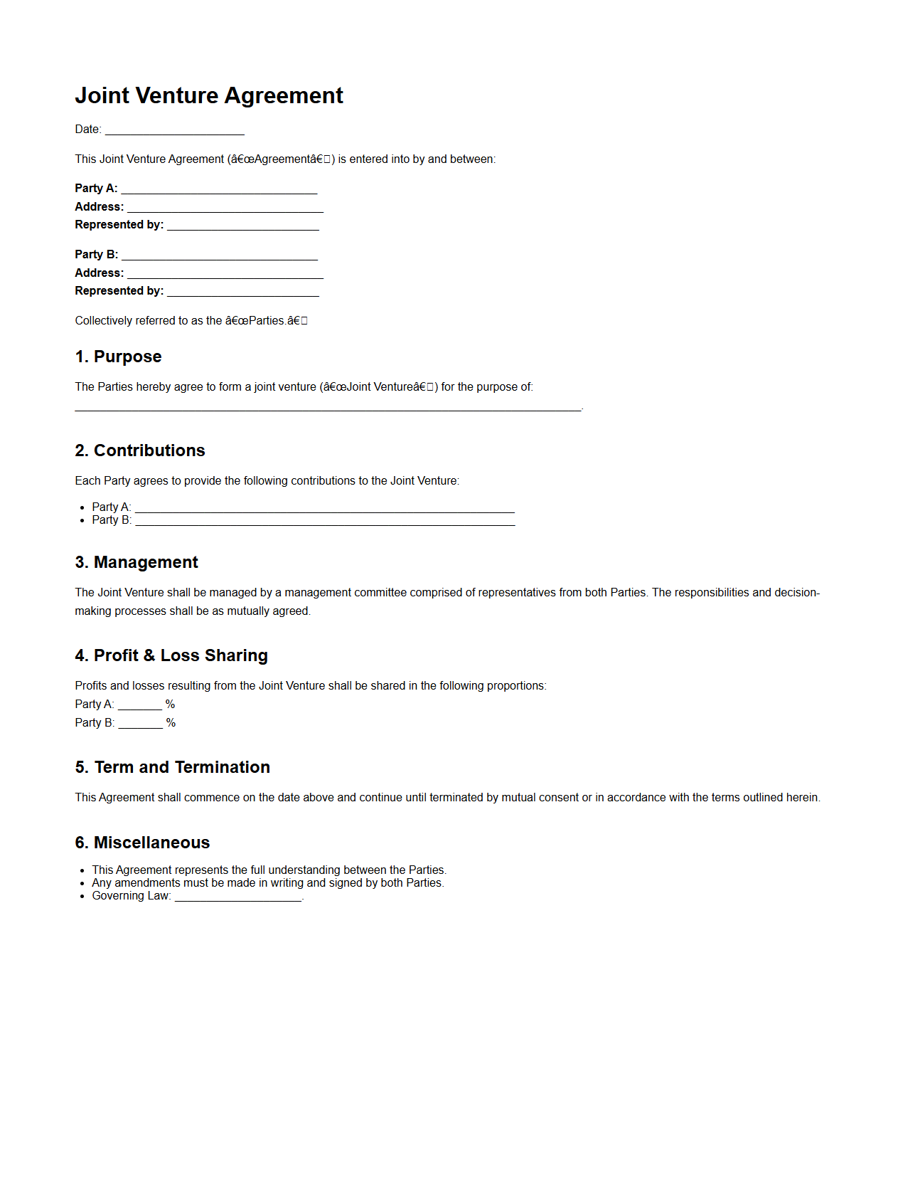 General Joint Venture Template for Business Cooperation