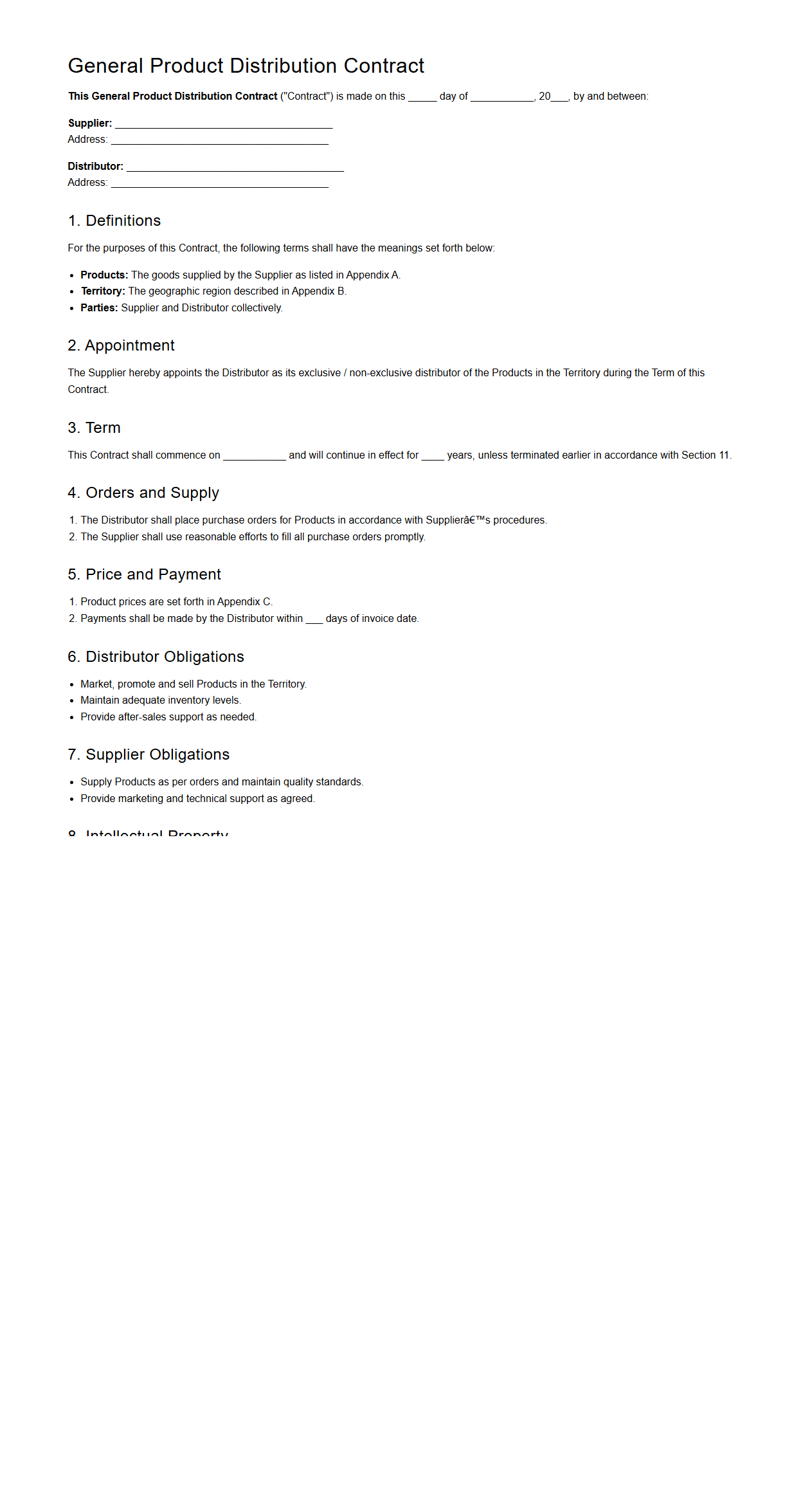 General Product Distribution Contract Template