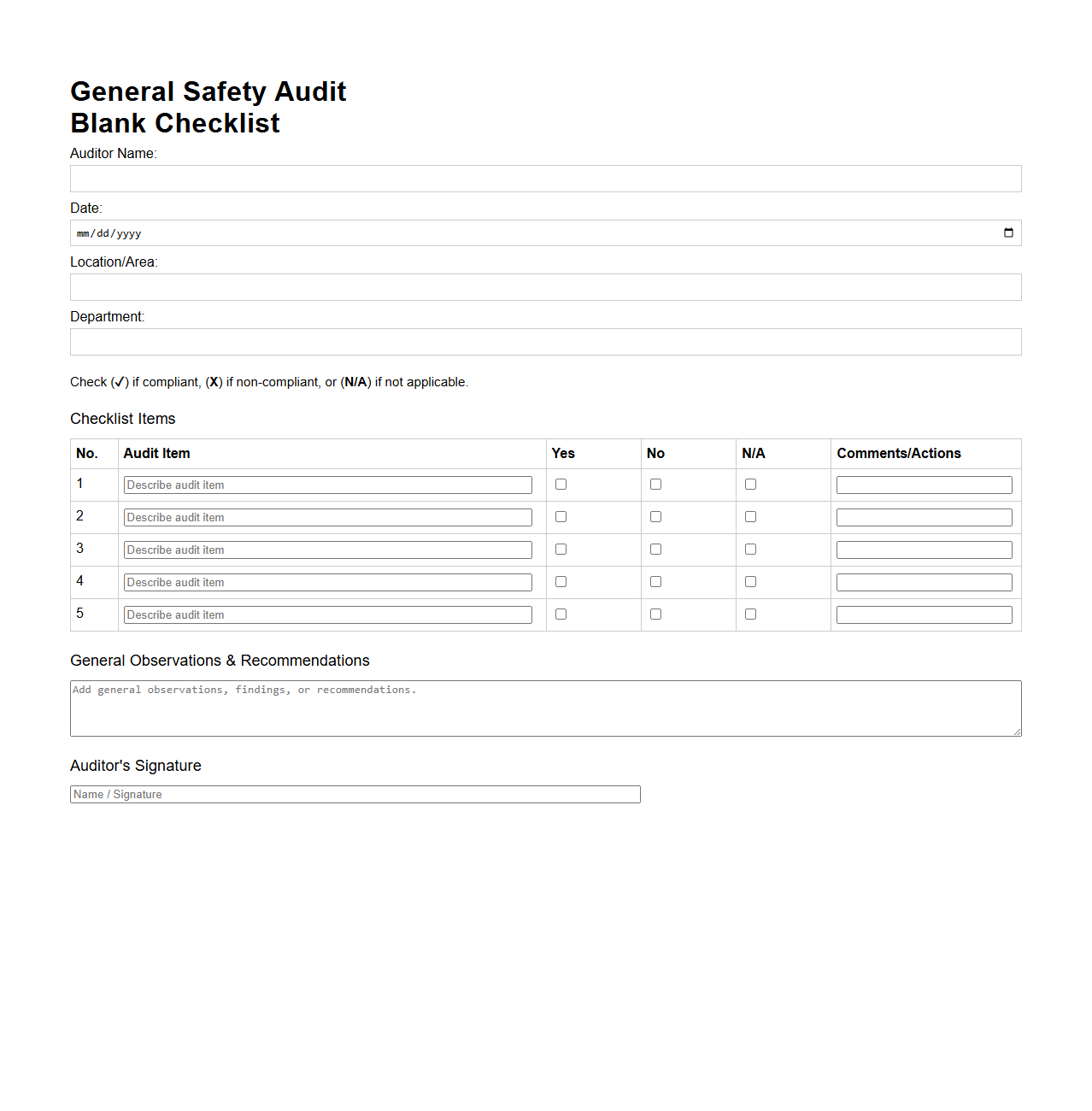 General Safety Audit Blank Checklist