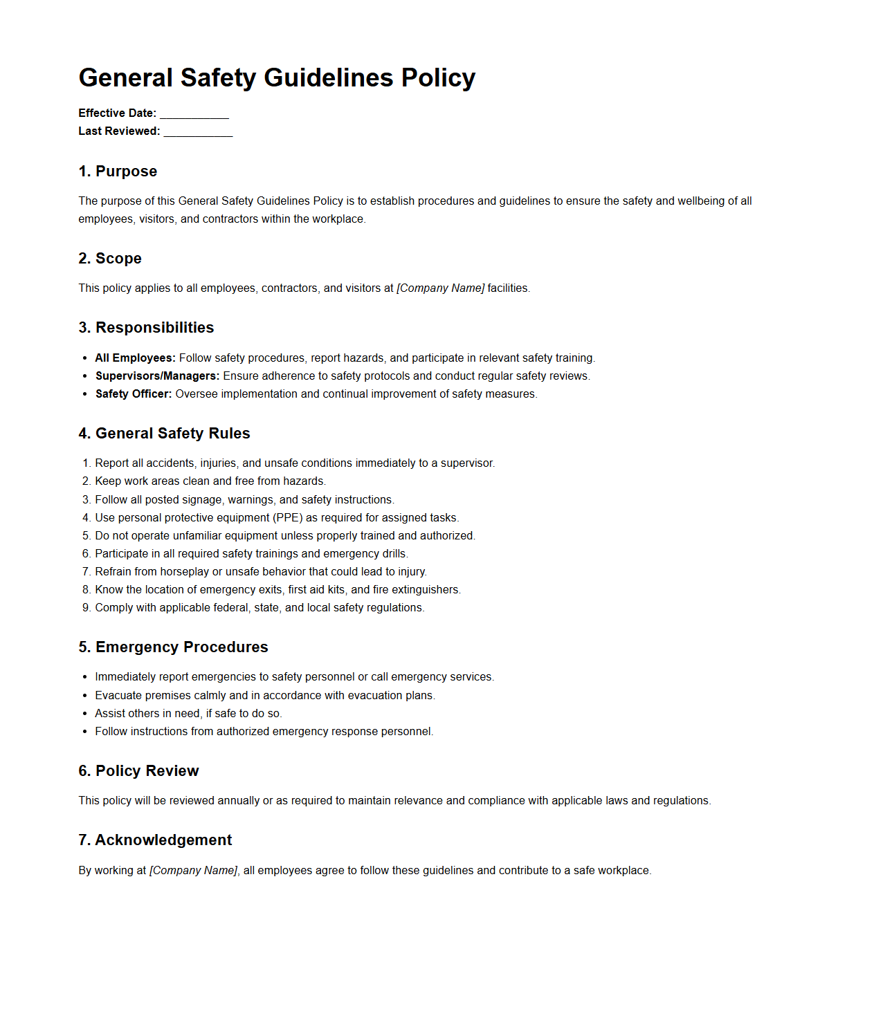General Safety Guidelines Policy Template