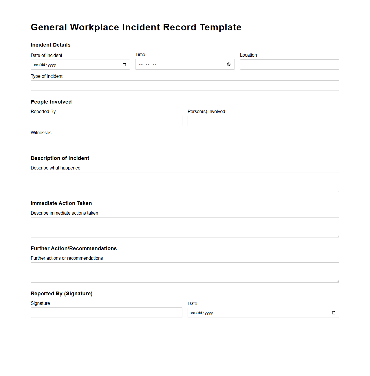 General Workplace Incident Record Template