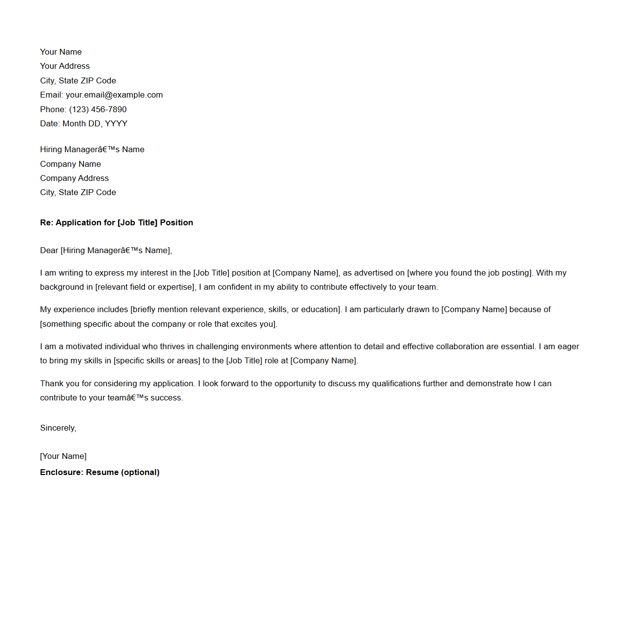 Generic Cover Letter Template for Job Applications