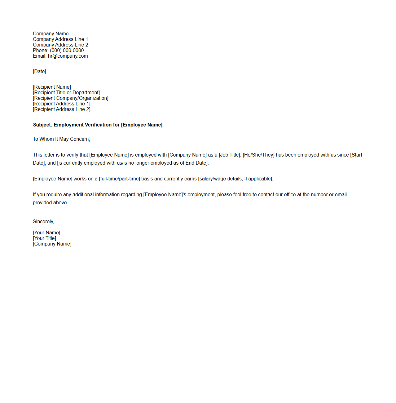 Generic Employee Verification Letter Sample