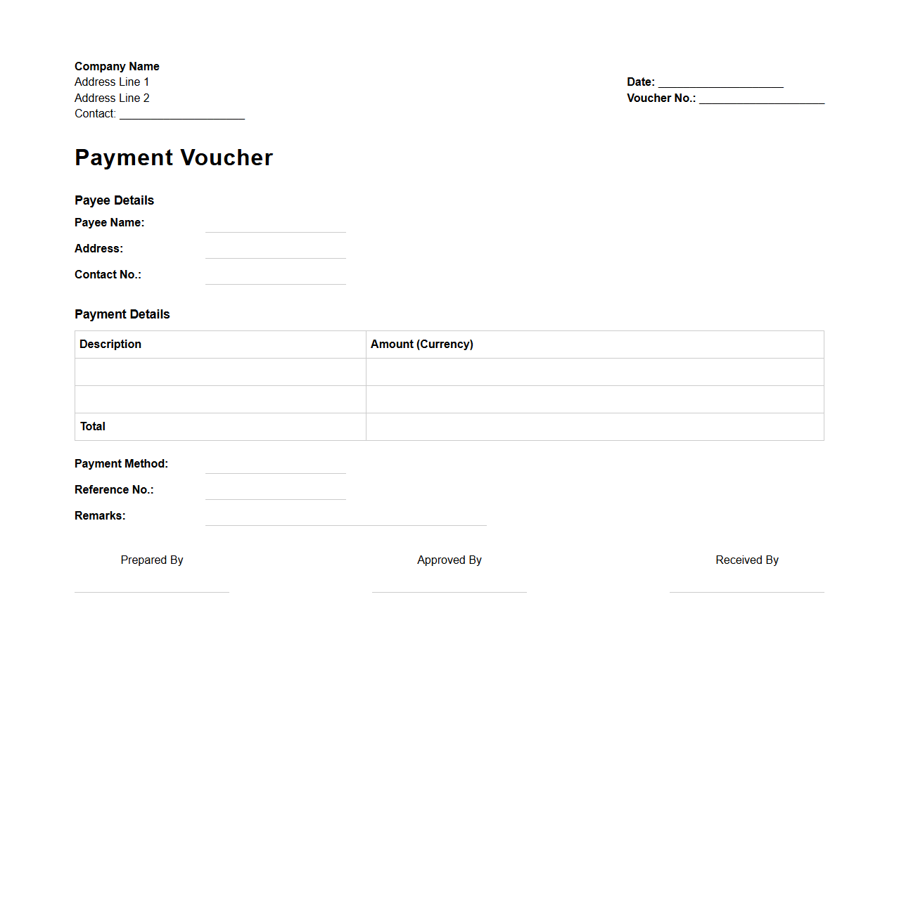 Generic Payment Voucher Template for Business Transactions