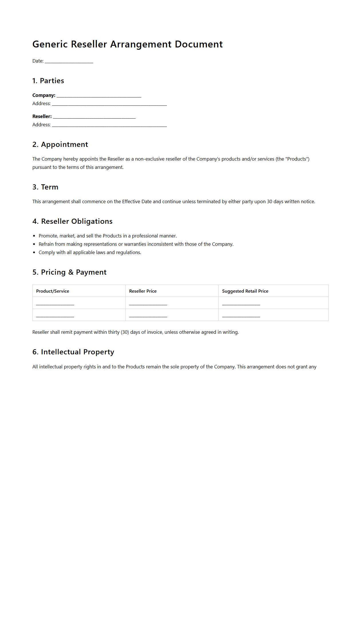 Generic Reseller Arrangement Document