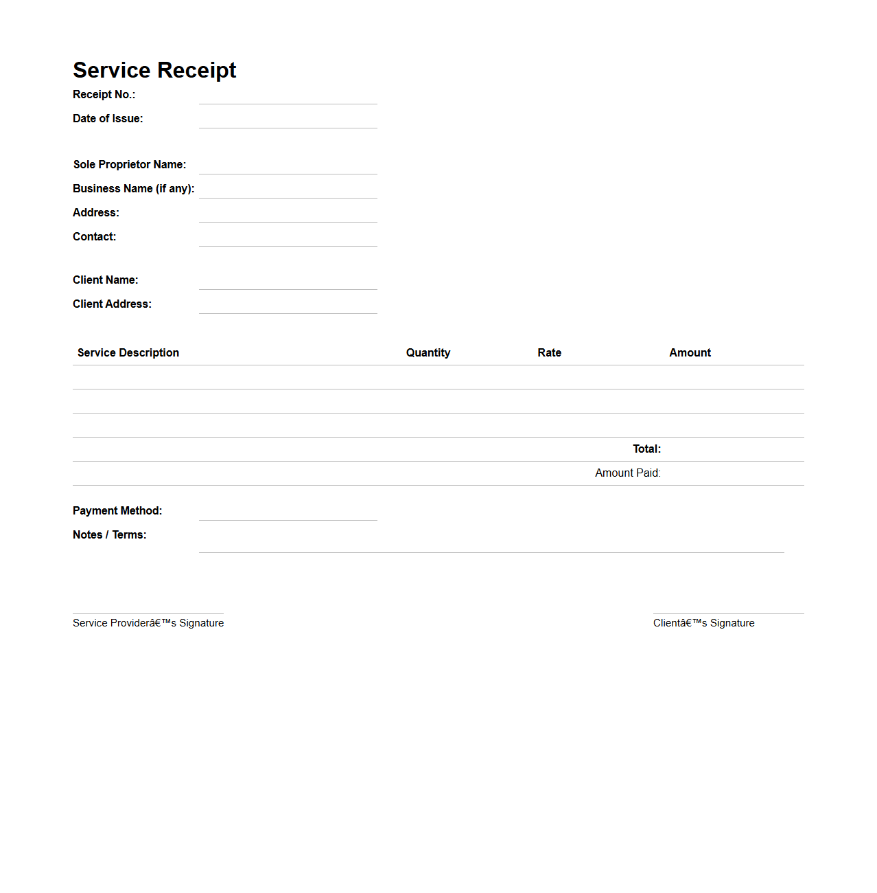 Generic Service Receipt Template for Sole Proprietors