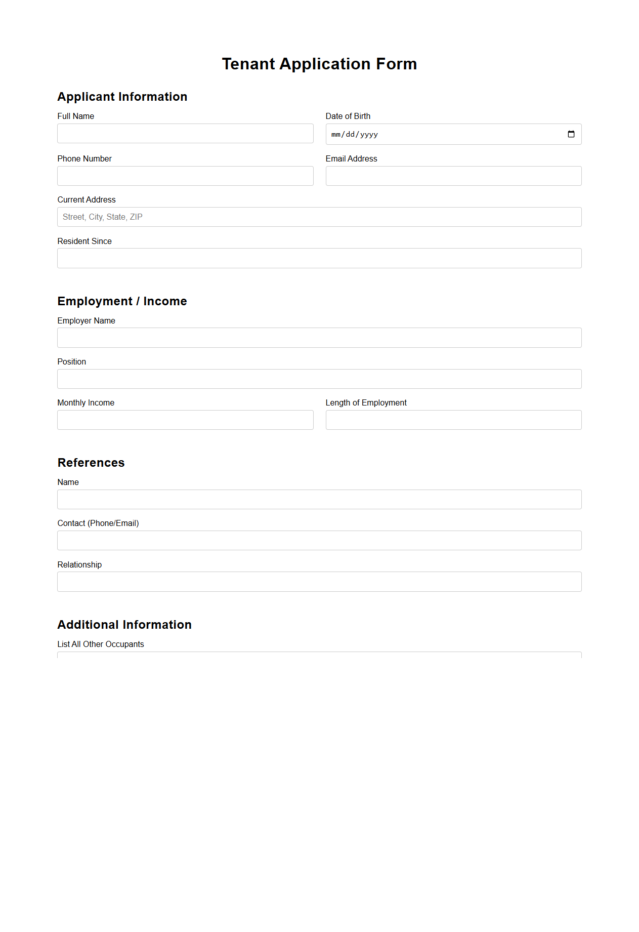 Generic Tenant Application Document