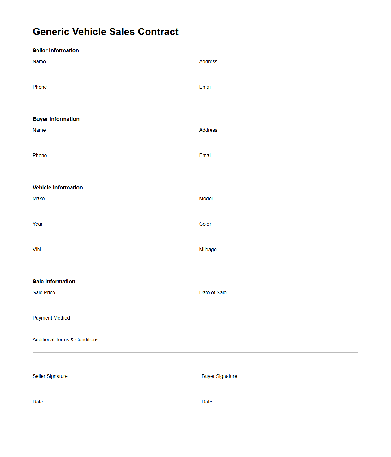 Generic Vehicle Sales Contract Blank