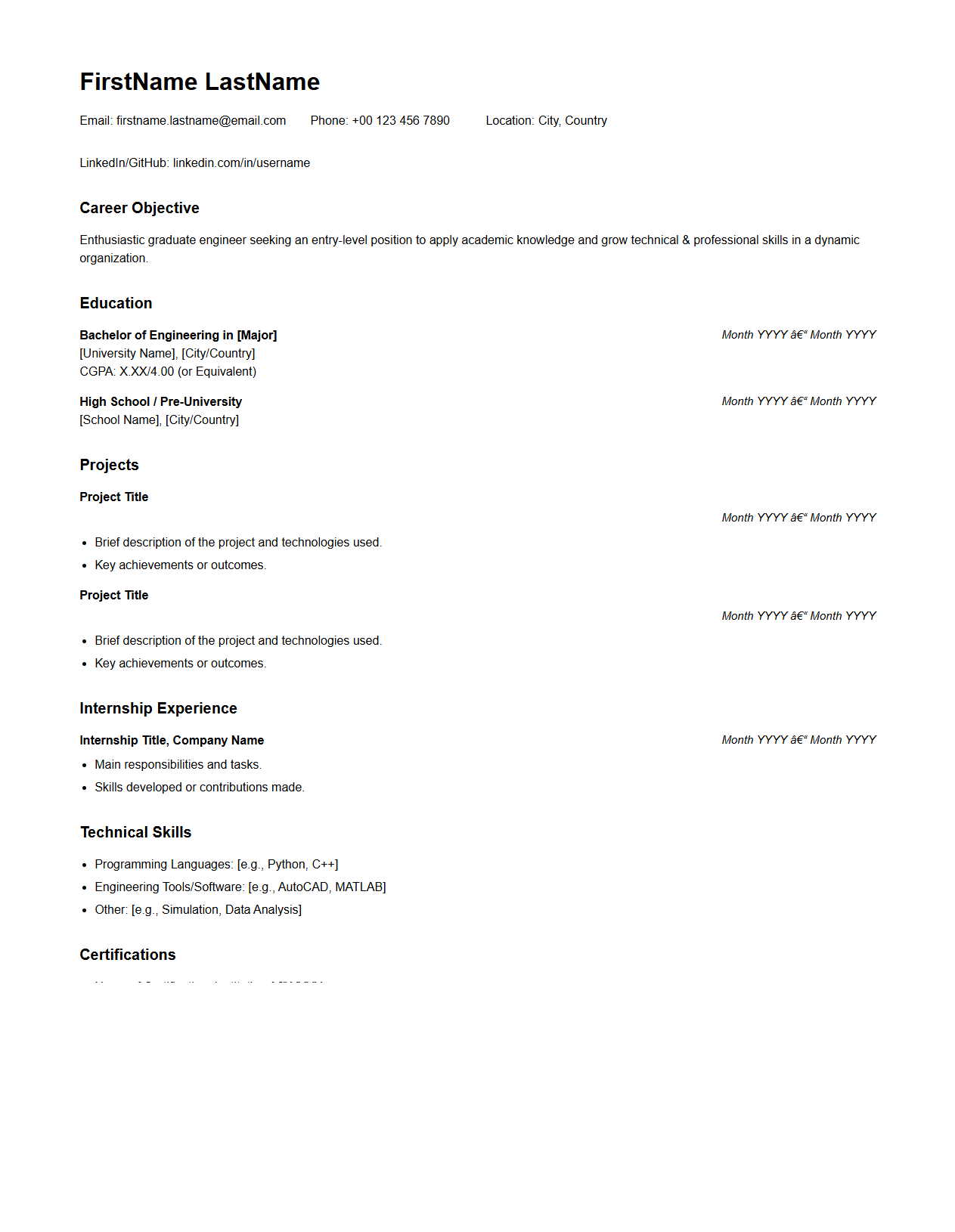 Graduate Engineer Resume Structure