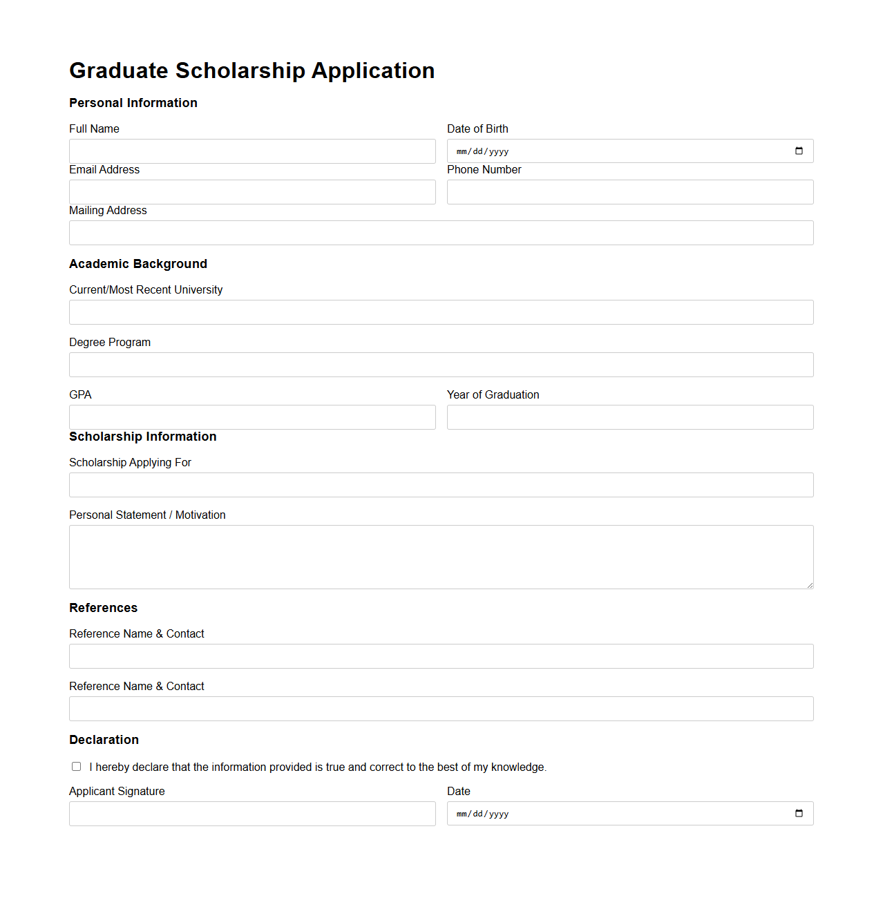 Graduate Scholarship Application Template