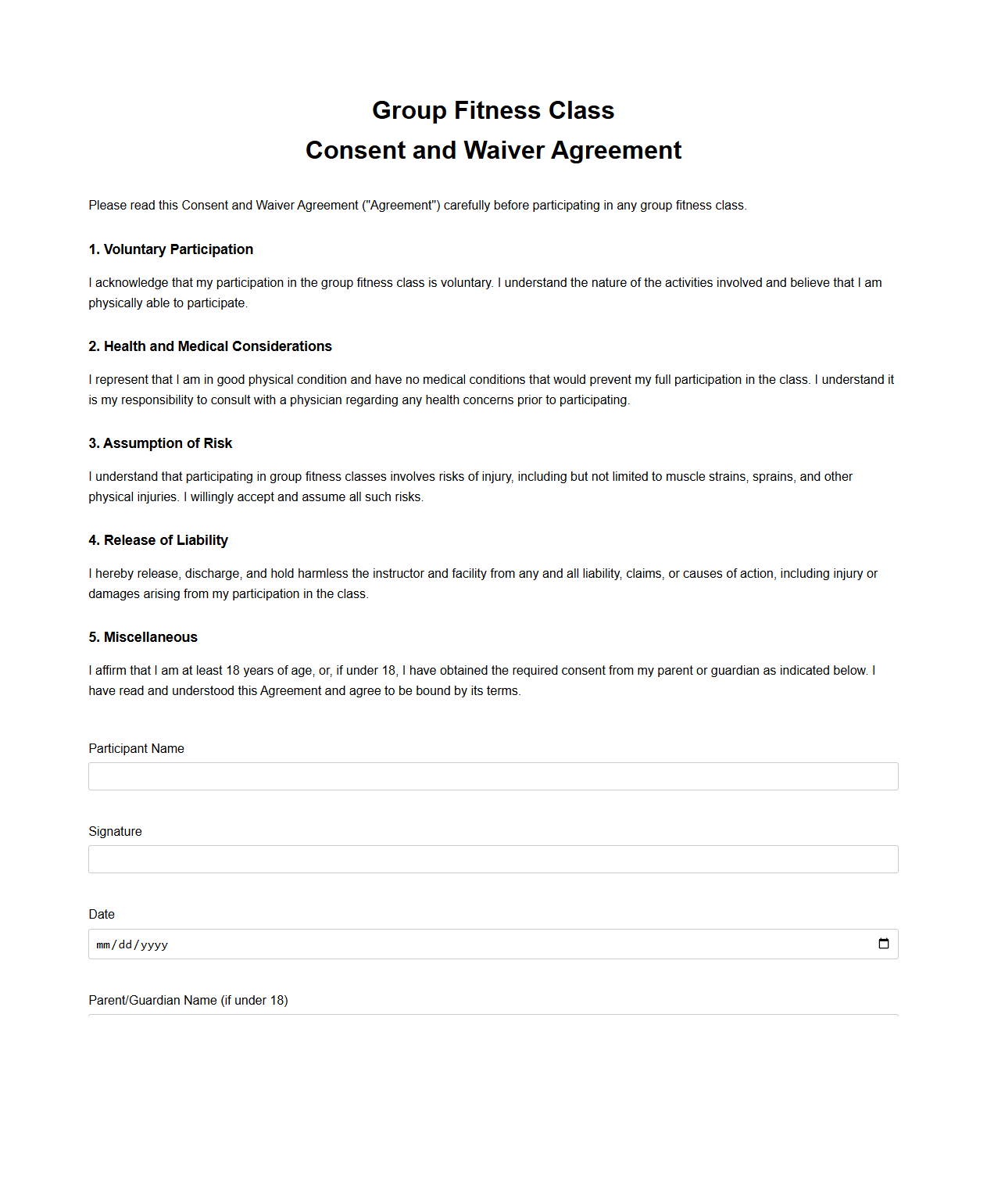 Group Fitness Class Consent and Waiver Agreement