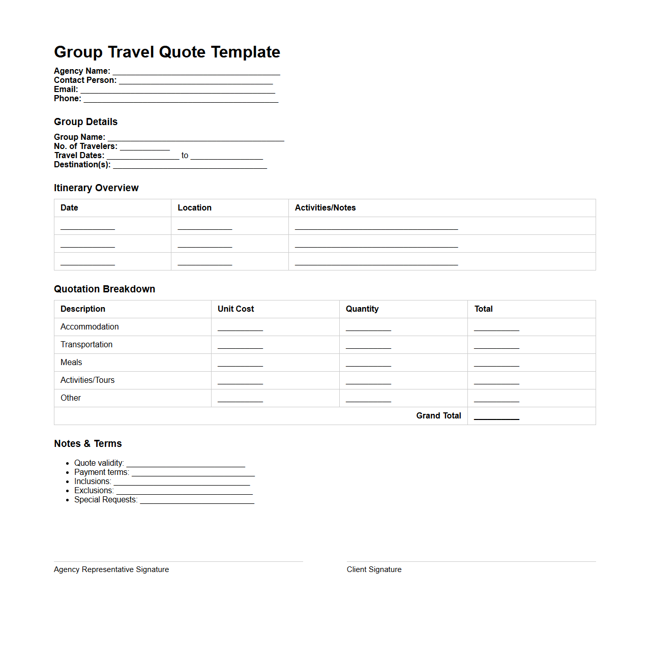 Group Travel Quote Template for Agencies
