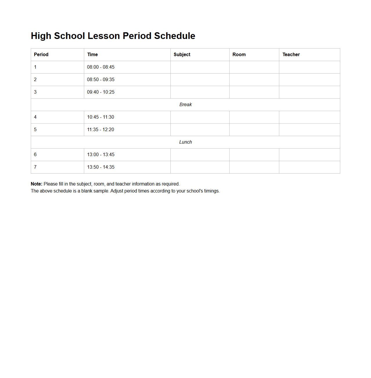 High School Lesson Period Schedule Layout