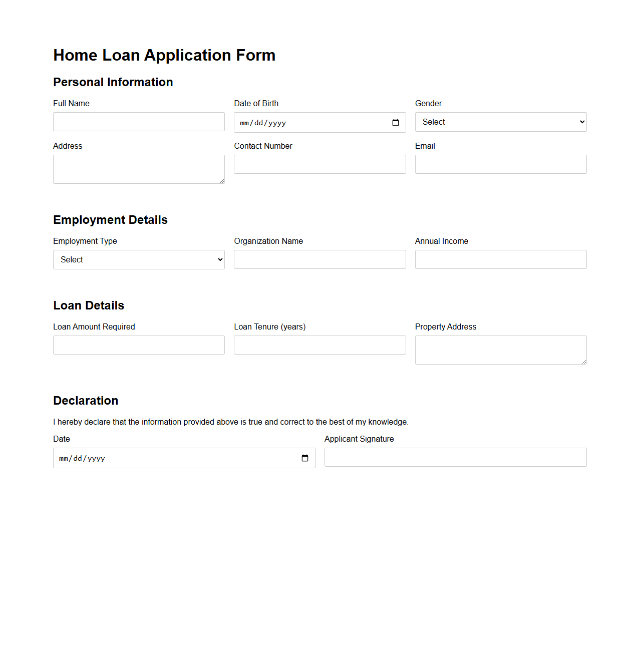 Home Loan Application Format
