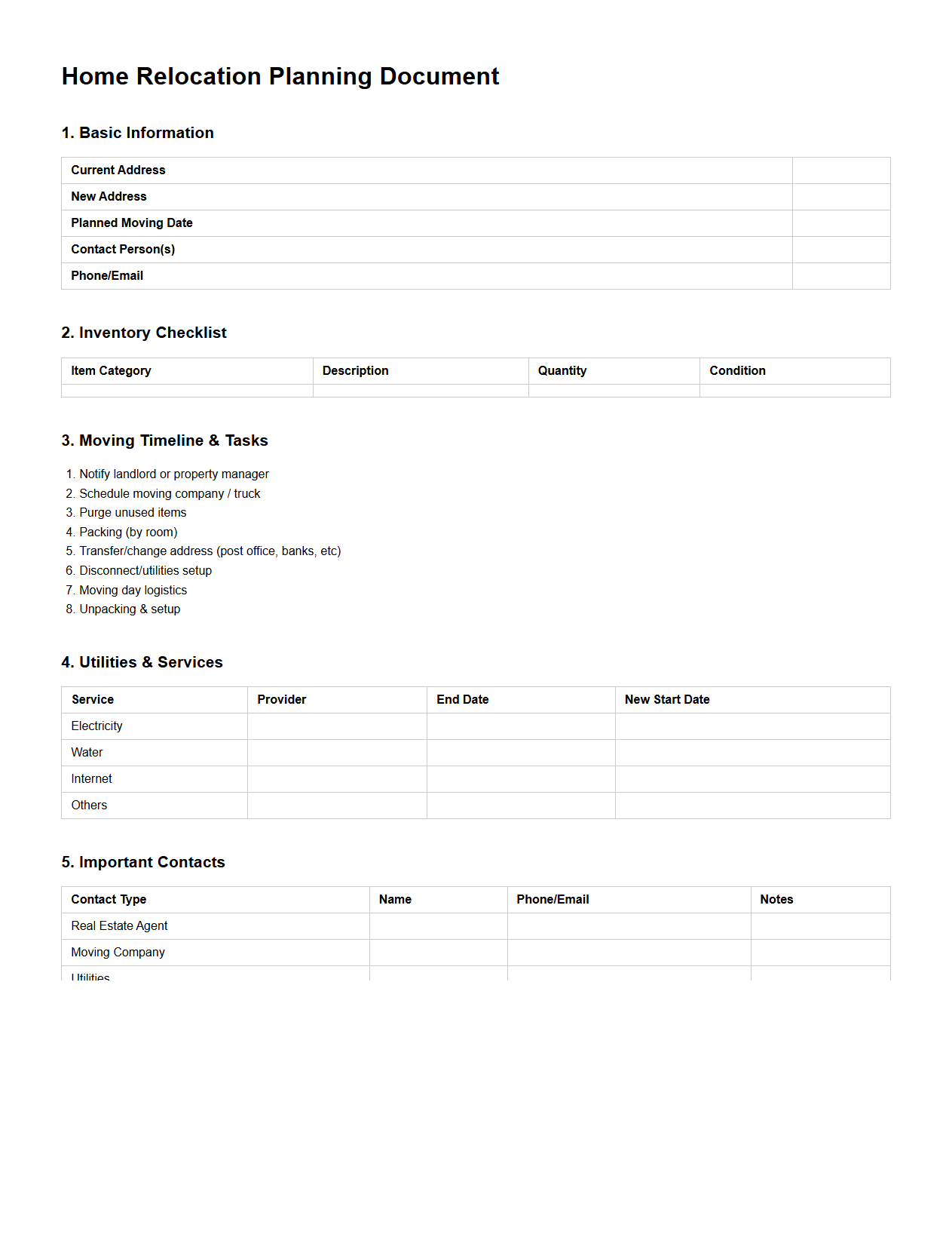 Home Relocation Planning Document