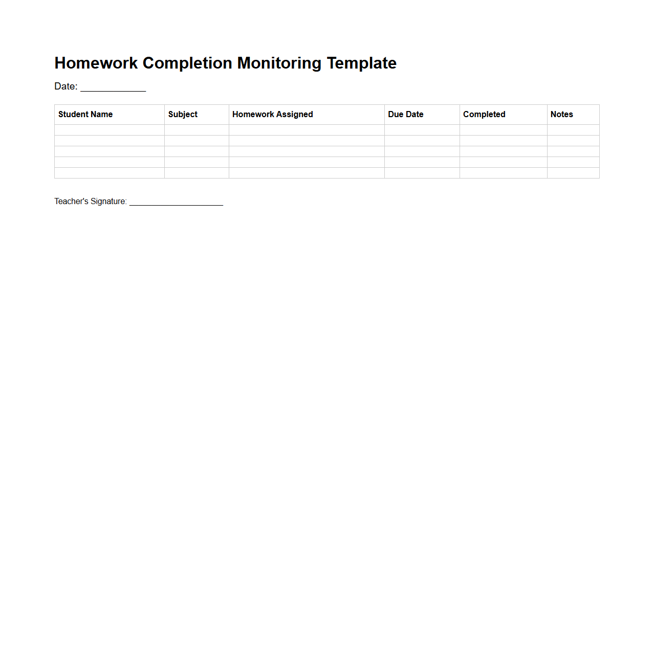 Homework Completion Monitoring Template