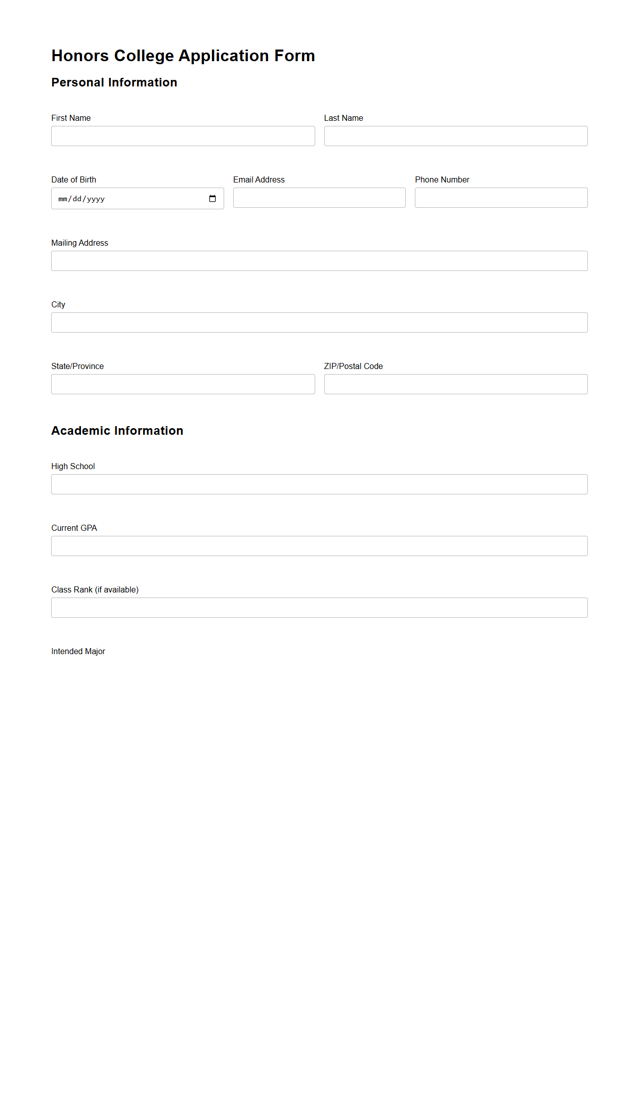 Honors College Application Form Template