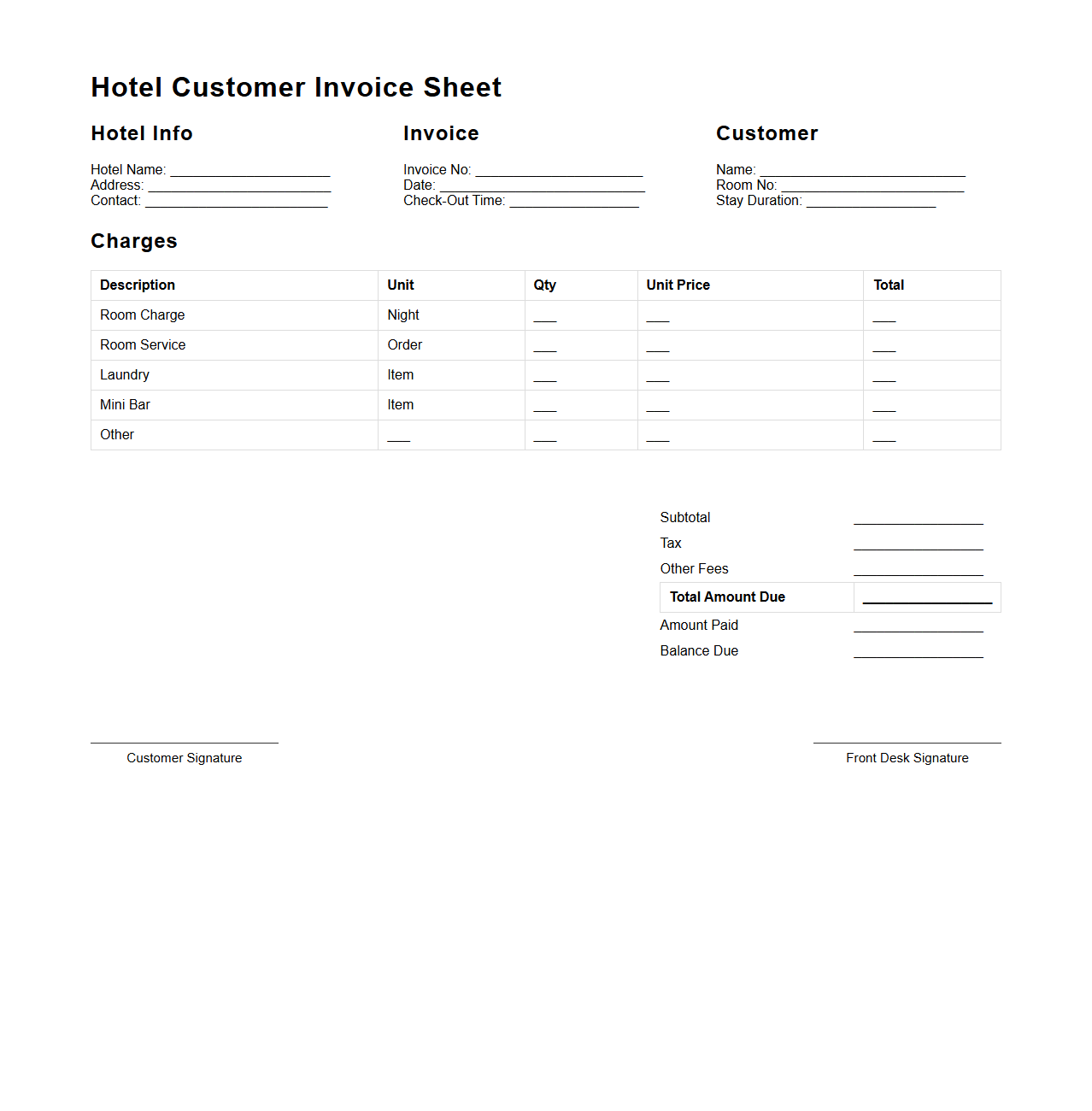 Hotel Customer Invoice Sheet for Check-Out Process