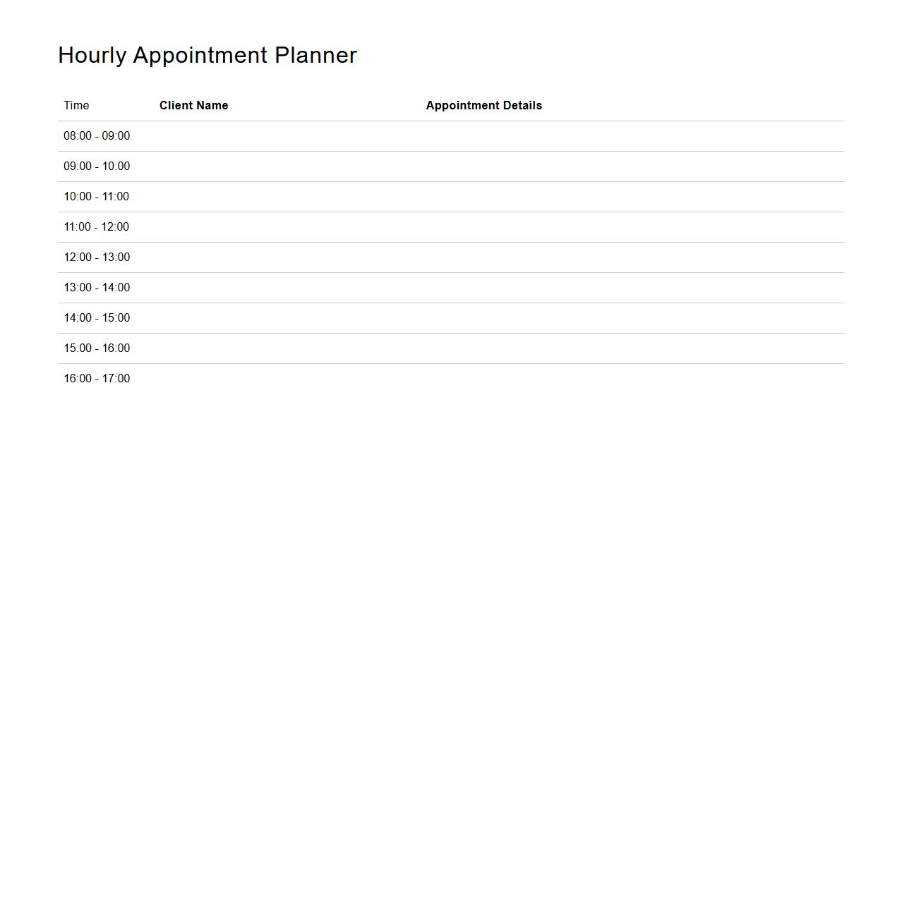 Hourly Appointment Planner for Clients