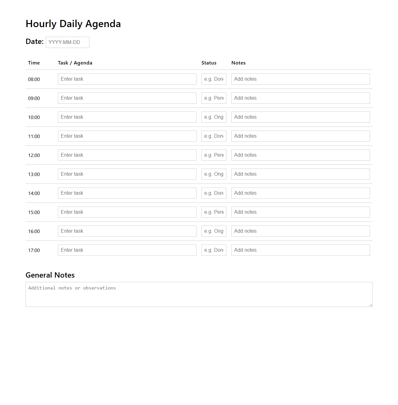 Hourly Daily Agenda Template for Task Planning