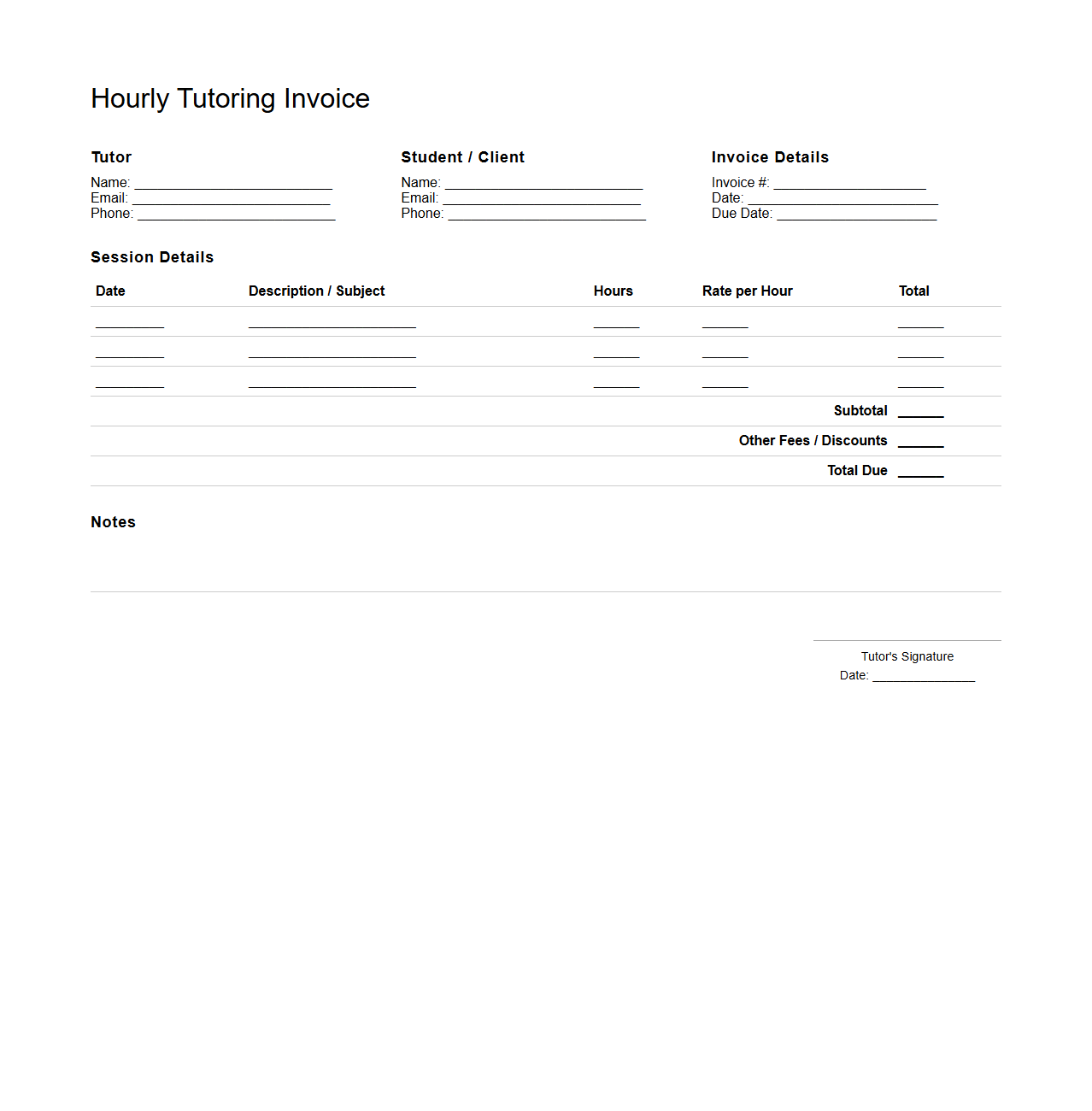 Hourly Tutoring Invoice Format