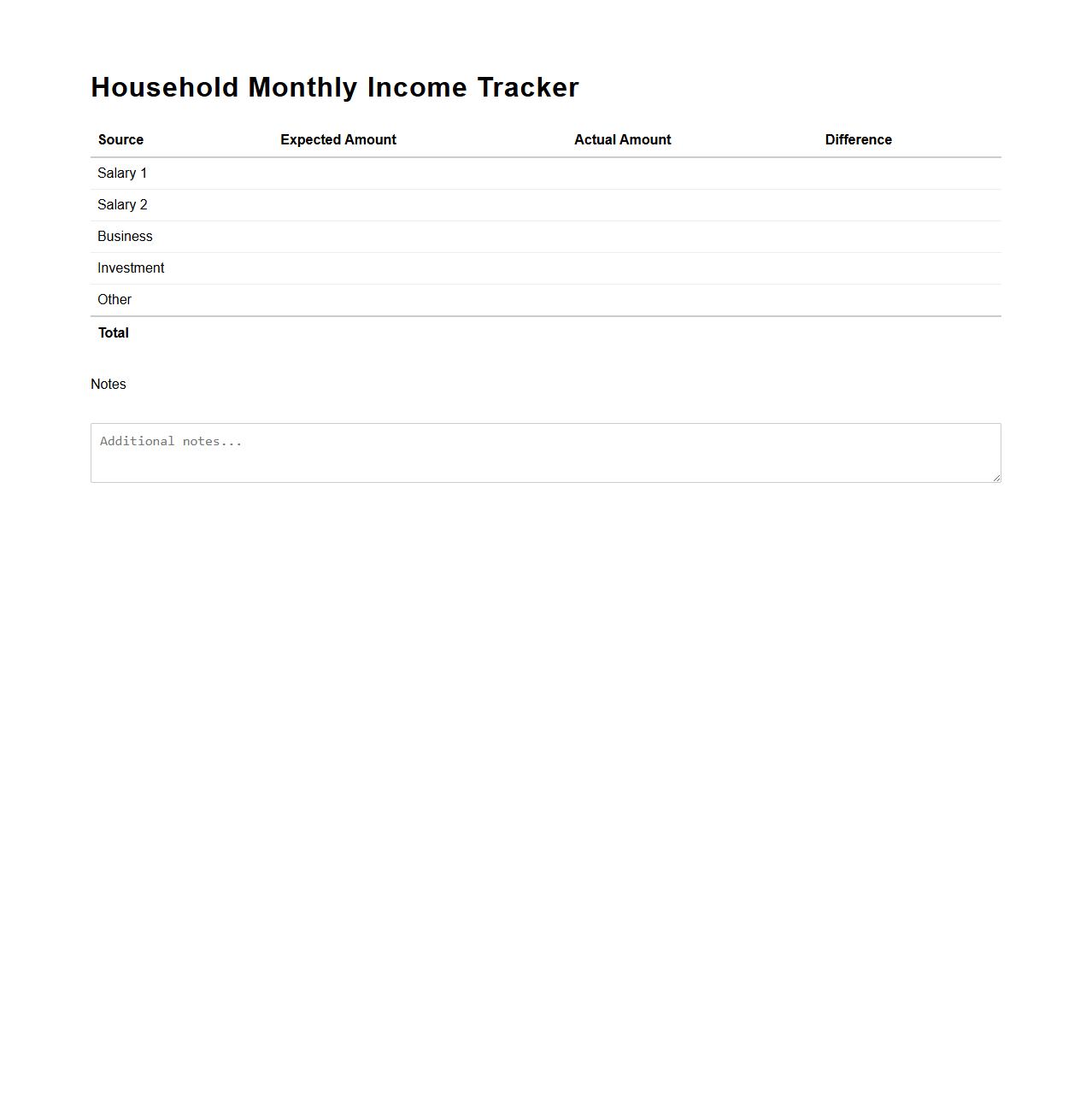 Household Monthly Income Tracker Template
