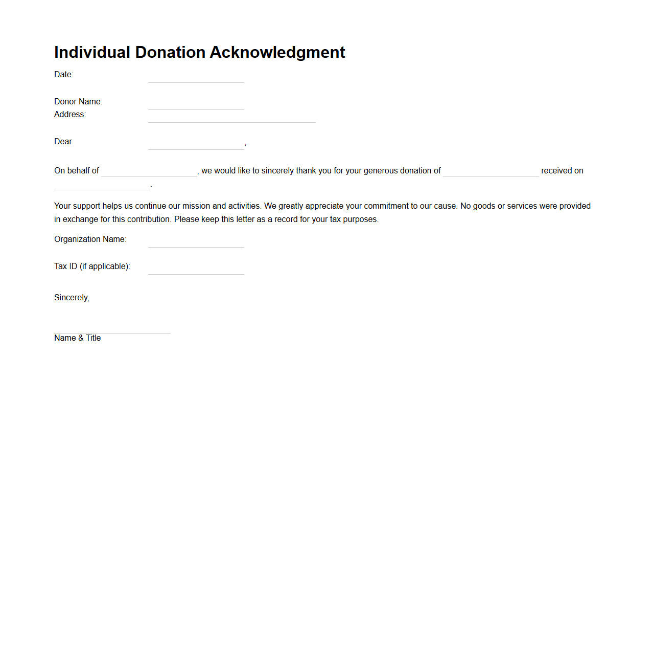 Individual Donation Acknowledgment Template