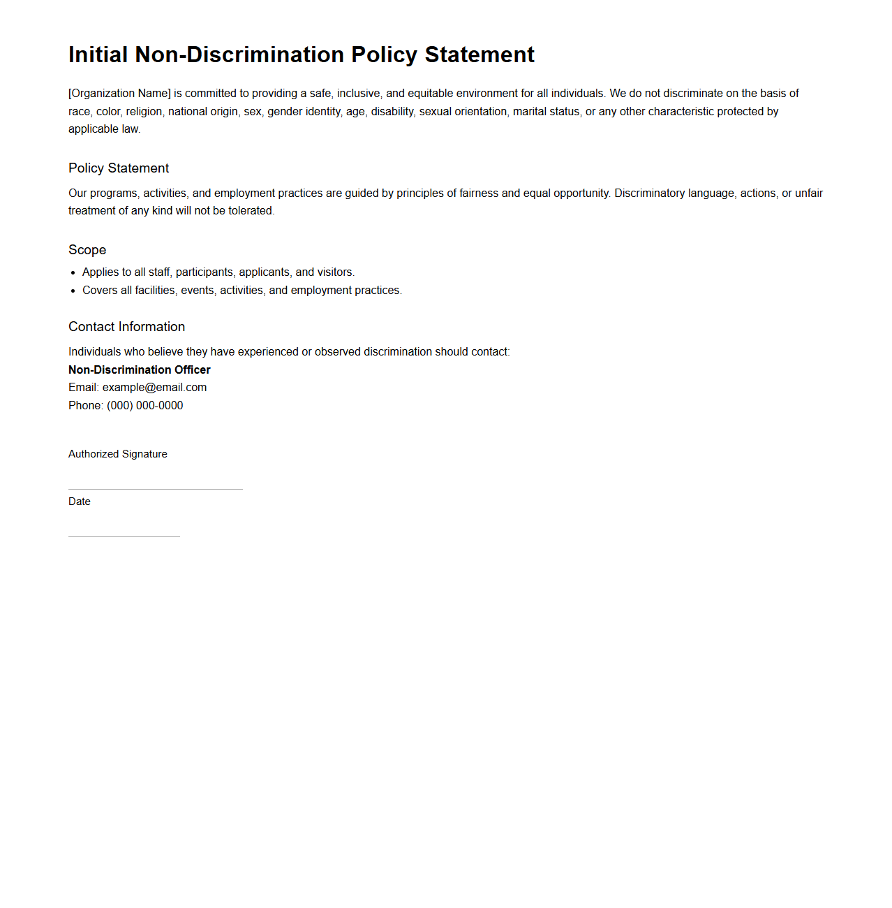 Initial Non-Discrimination Policy Statement Layout