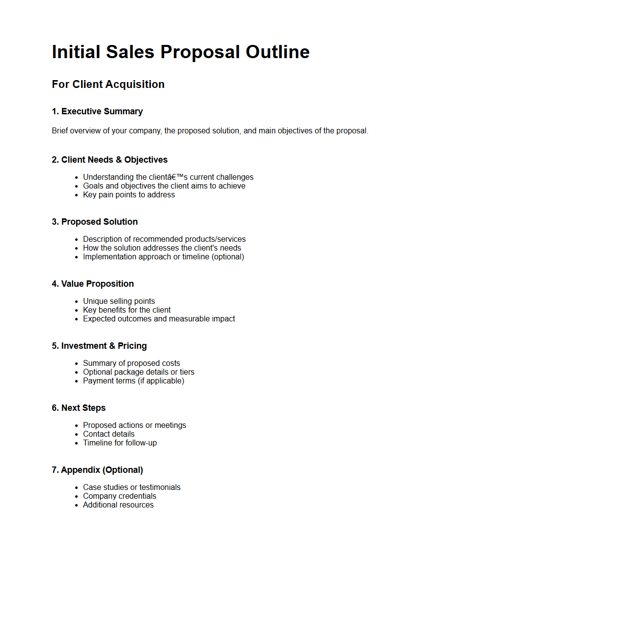 Initial Sales Proposal Outline for Client Acquisition