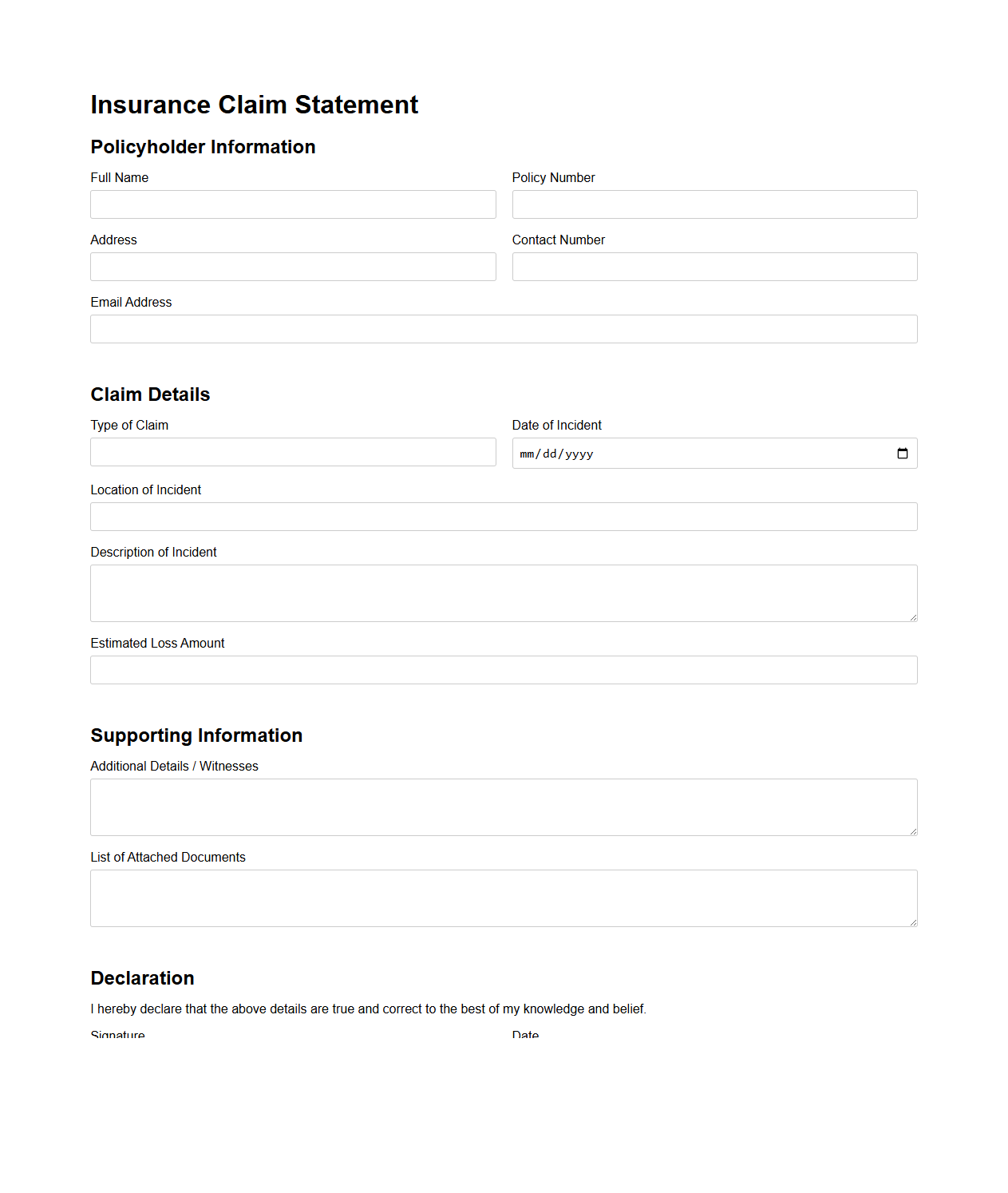 Insurance Claim Blank Statement Template