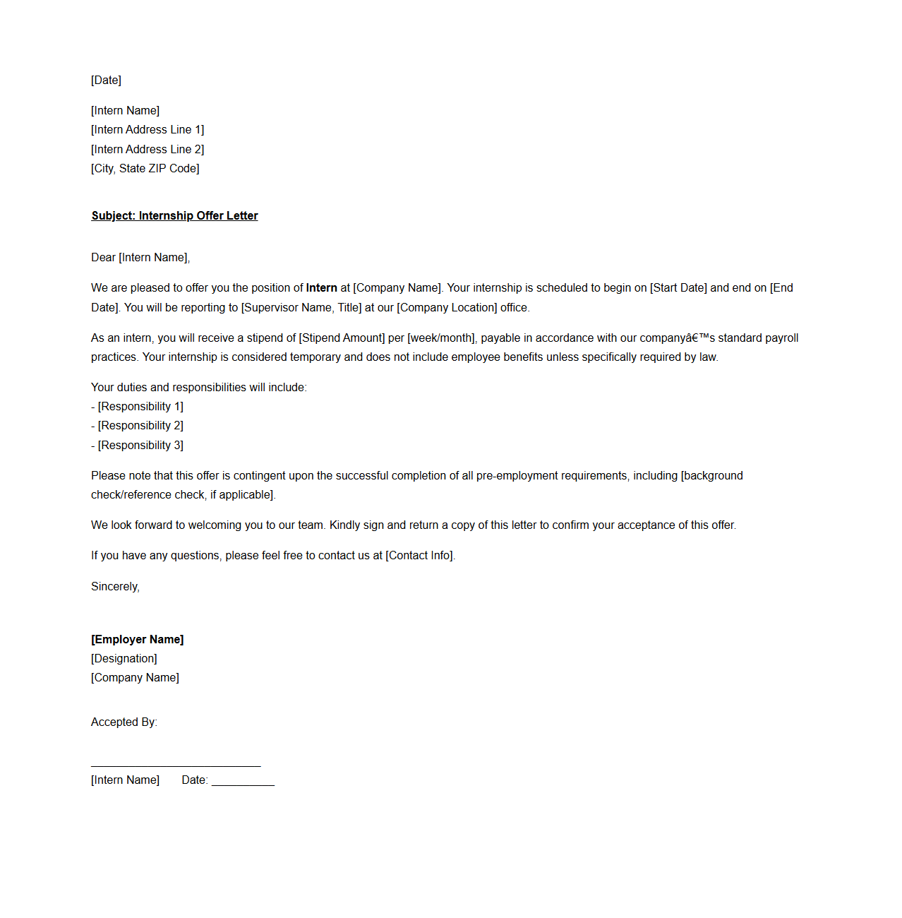 Intern Offer Letter Sample