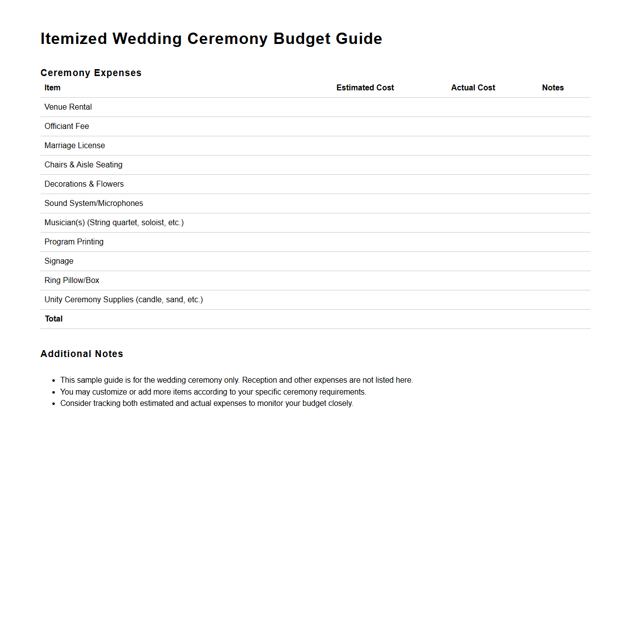 Itemized Wedding Ceremony Budget Guide