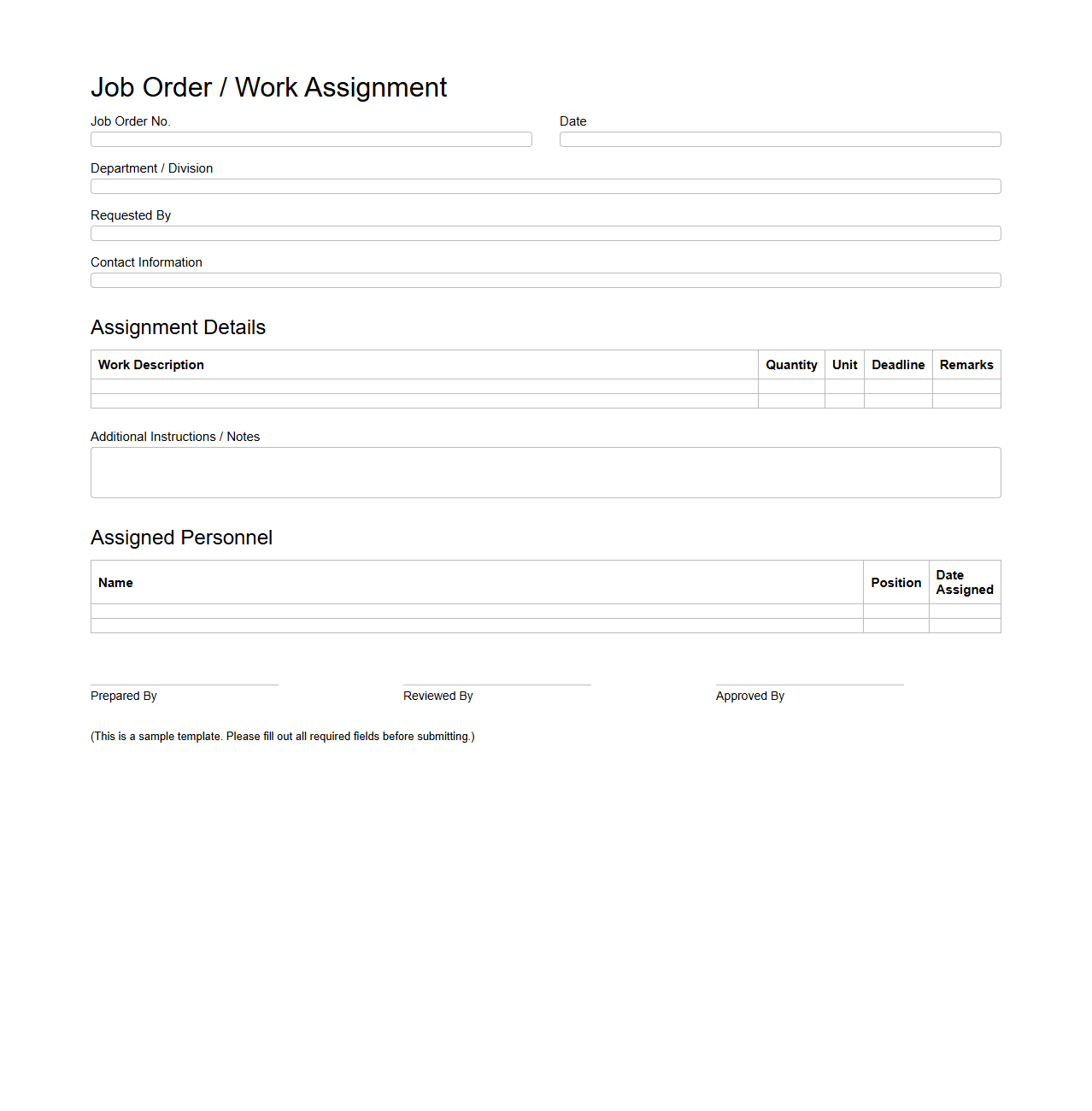 Job Order Work Assignment Template